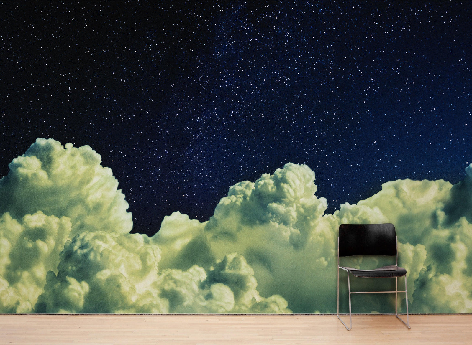 Mural de pared con una noche nublada de ensueño entre las estrellas. Cielo nocturno abstracto, estrellas y nubes. Papel tapiz autoadhesivo. N.º 6300