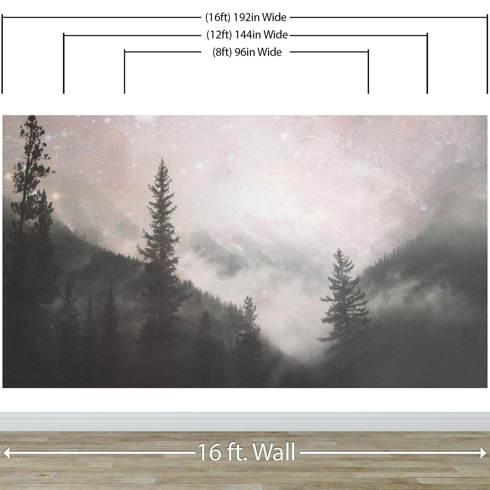 Mural de pared con árboles en un bosque brumoso y brumoso sobre una montaña bajo una noche estrellada. #6304