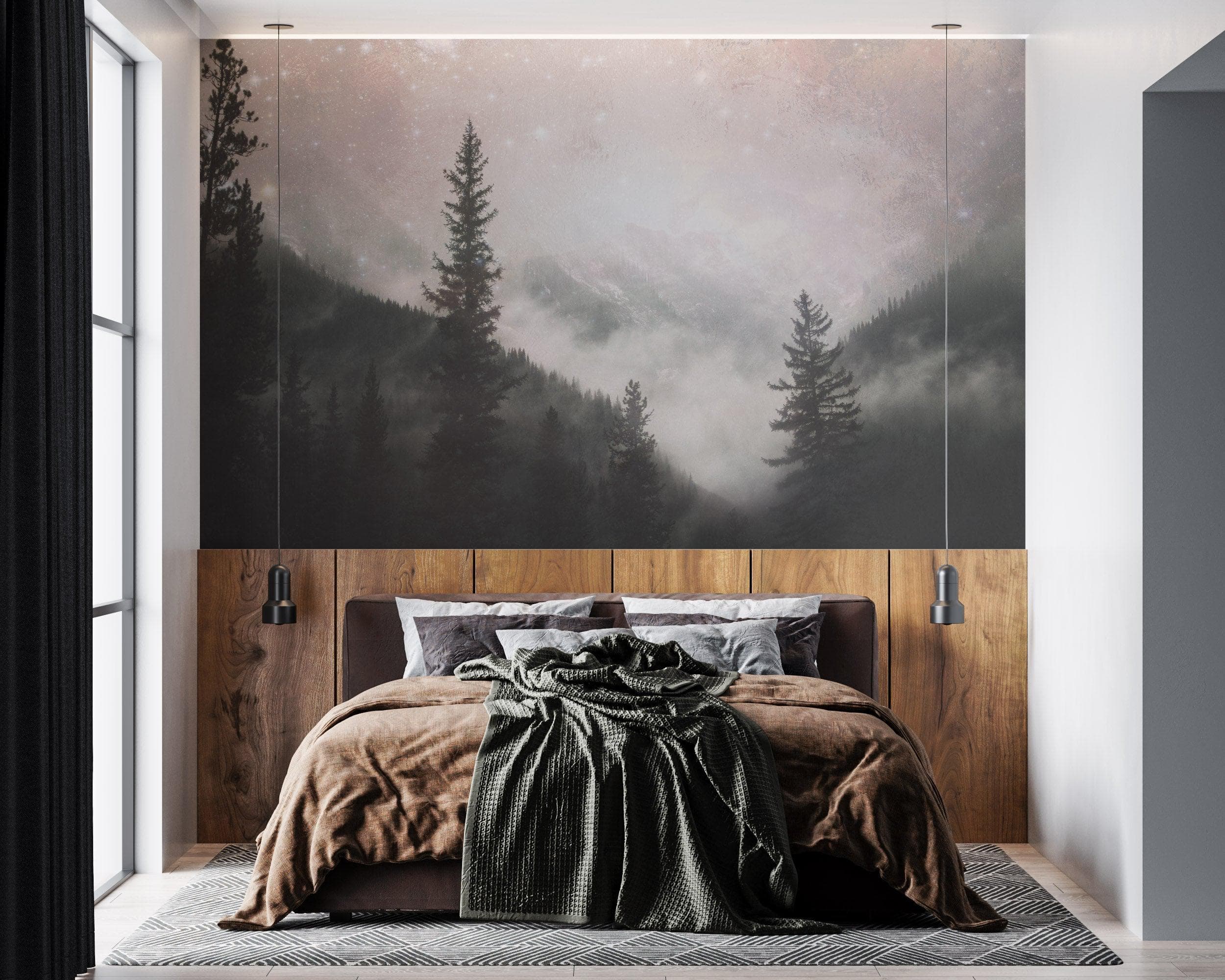 Mural de pared con árboles en un bosque brumoso y brumoso sobre una montaña bajo una noche estrellada. #6304