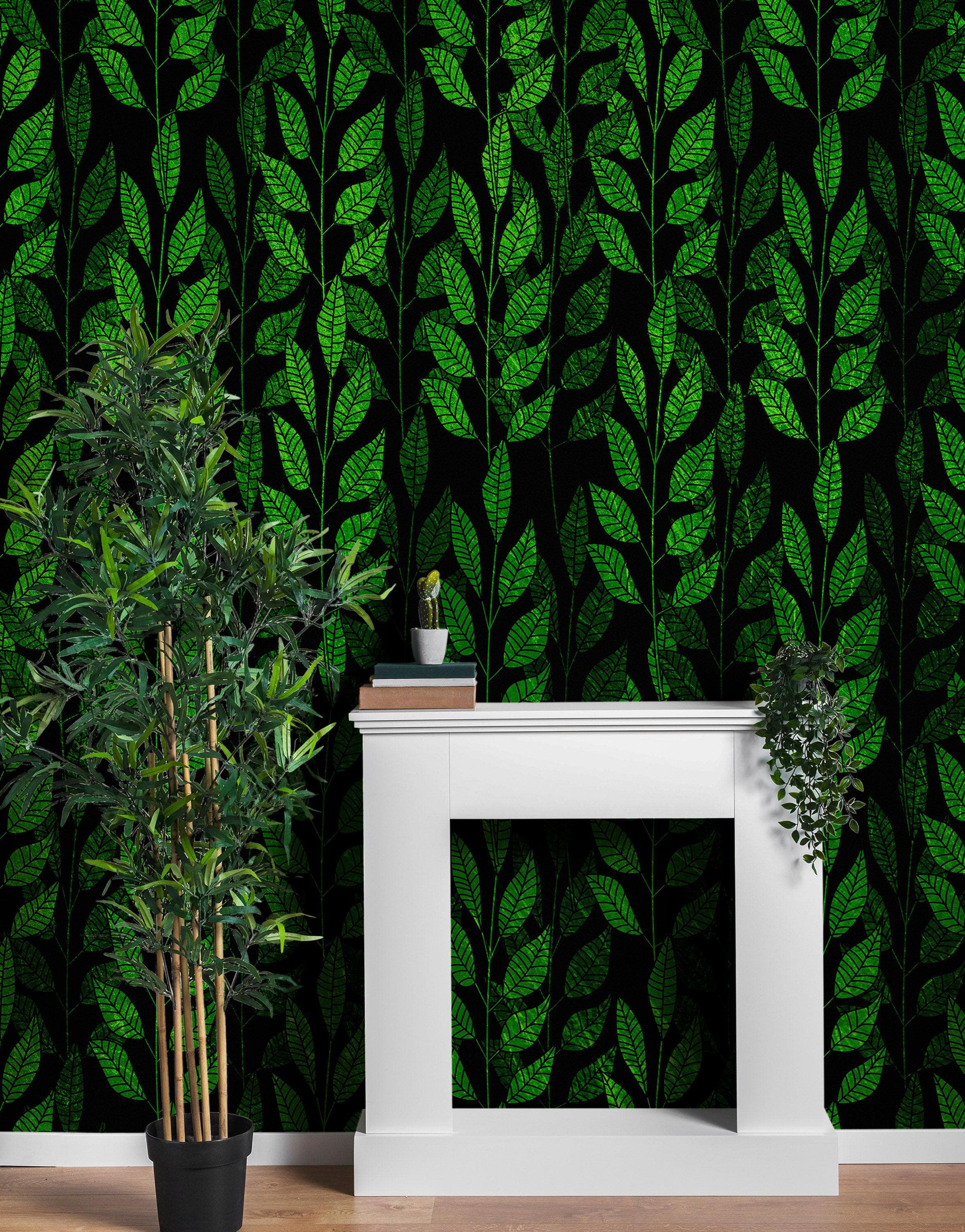Mural de pared con temática de granja con hojas y enredaderas. Ilustración de fondo con cultivos verdes. #6305