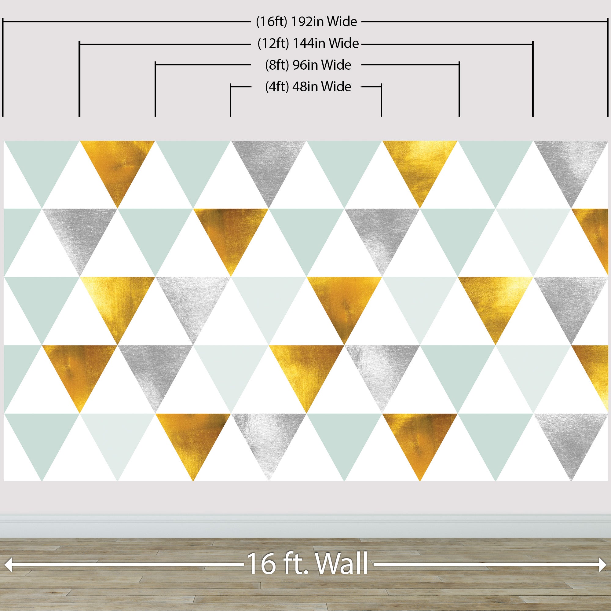 Mural de pared con diseño abstracto geométrico de triángulos. Diseño en colores dorado, plateado, verde azulado, turquesa y blanco. N.º 6306