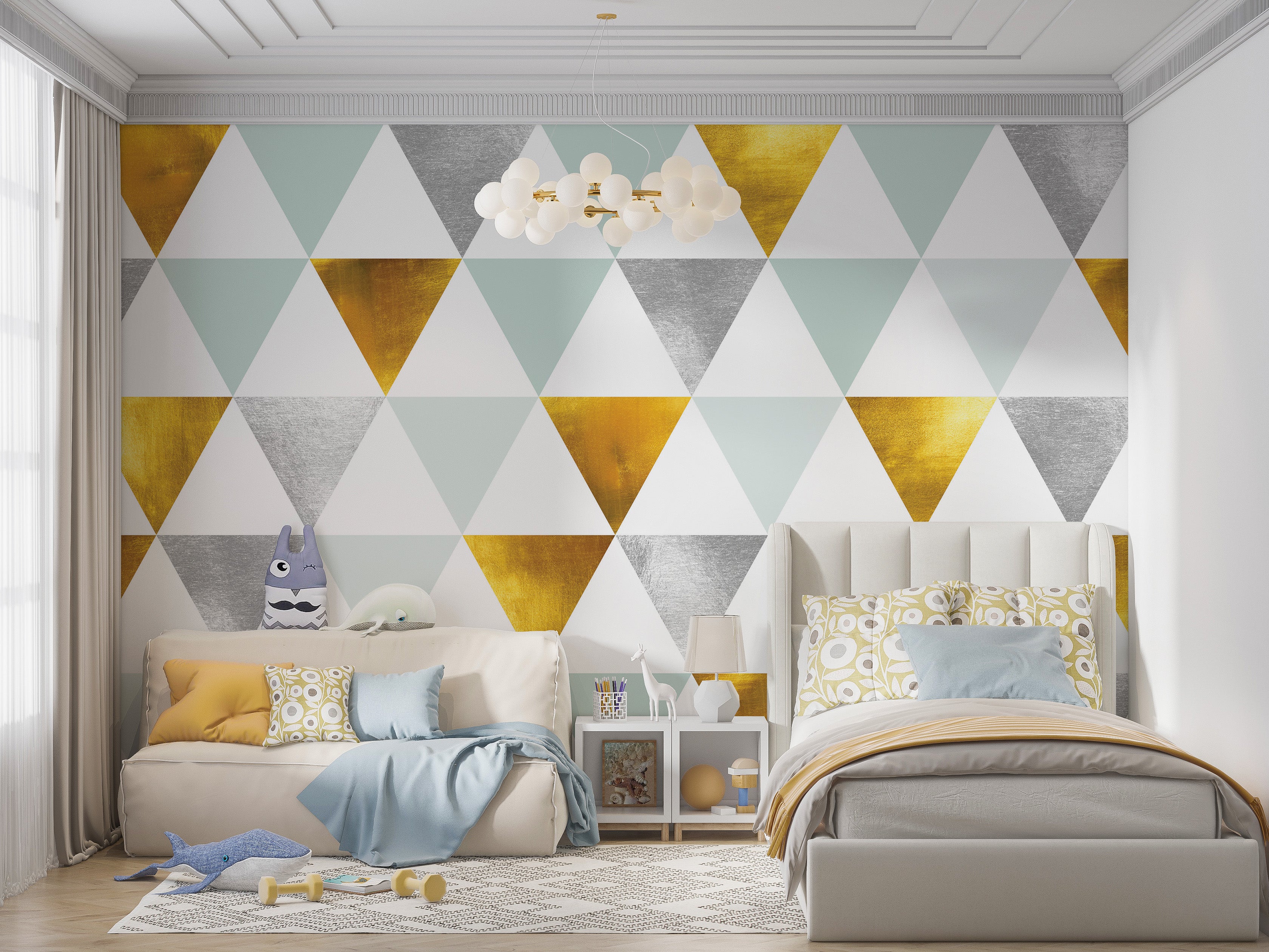 Mural de pared con diseño abstracto geométrico de triángulos. Diseño en colores dorado, plateado, verde azulado, turquesa y blanco. N.º 6306