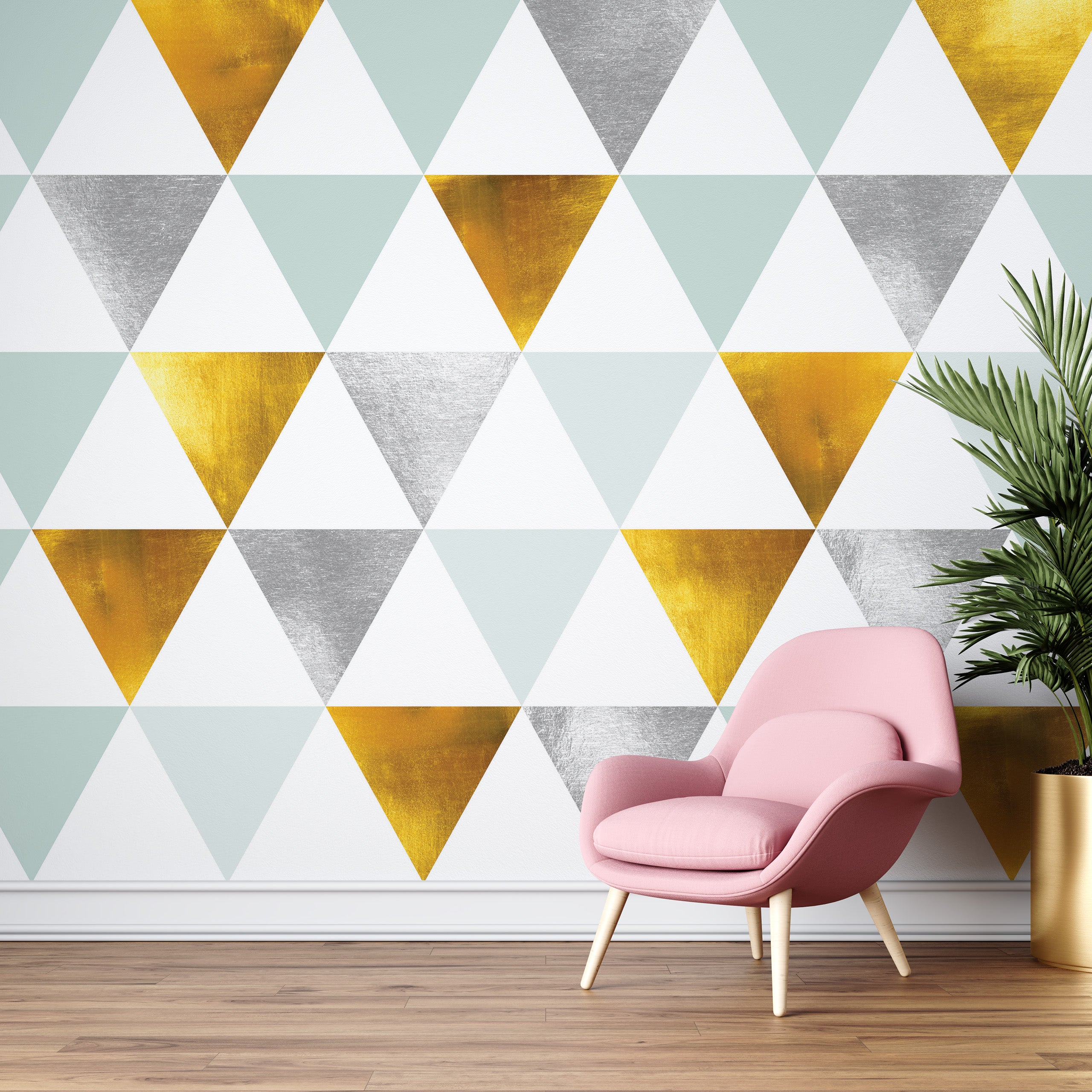 Mural de pared con diseño abstracto geométrico de triángulos. Diseño en colores dorado, plateado, verde azulado, turquesa y blanco. N.º 6306