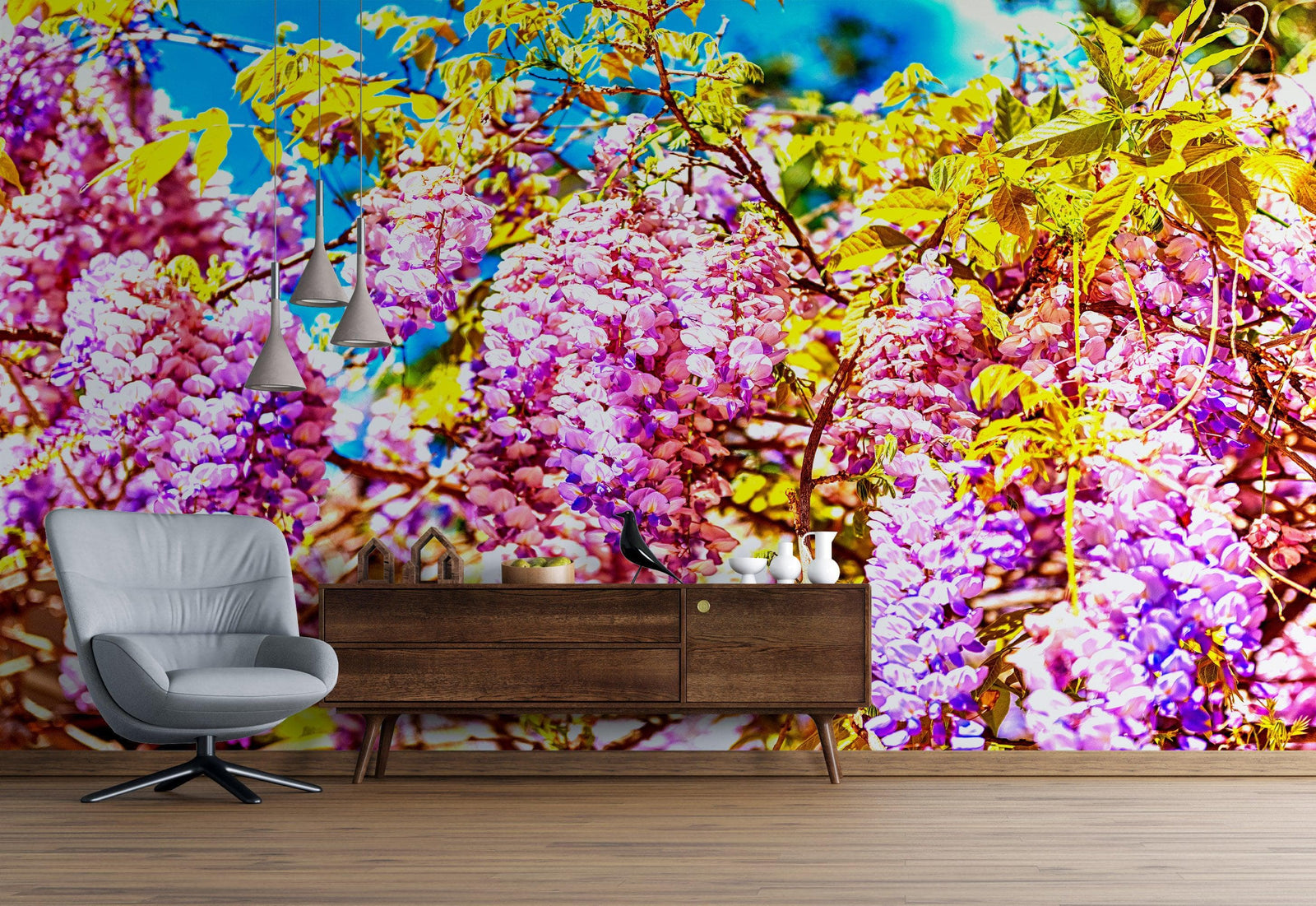 Mural de pared con flores de glicina de color morado. Papel pintado autoadhesivo. N.º 6307