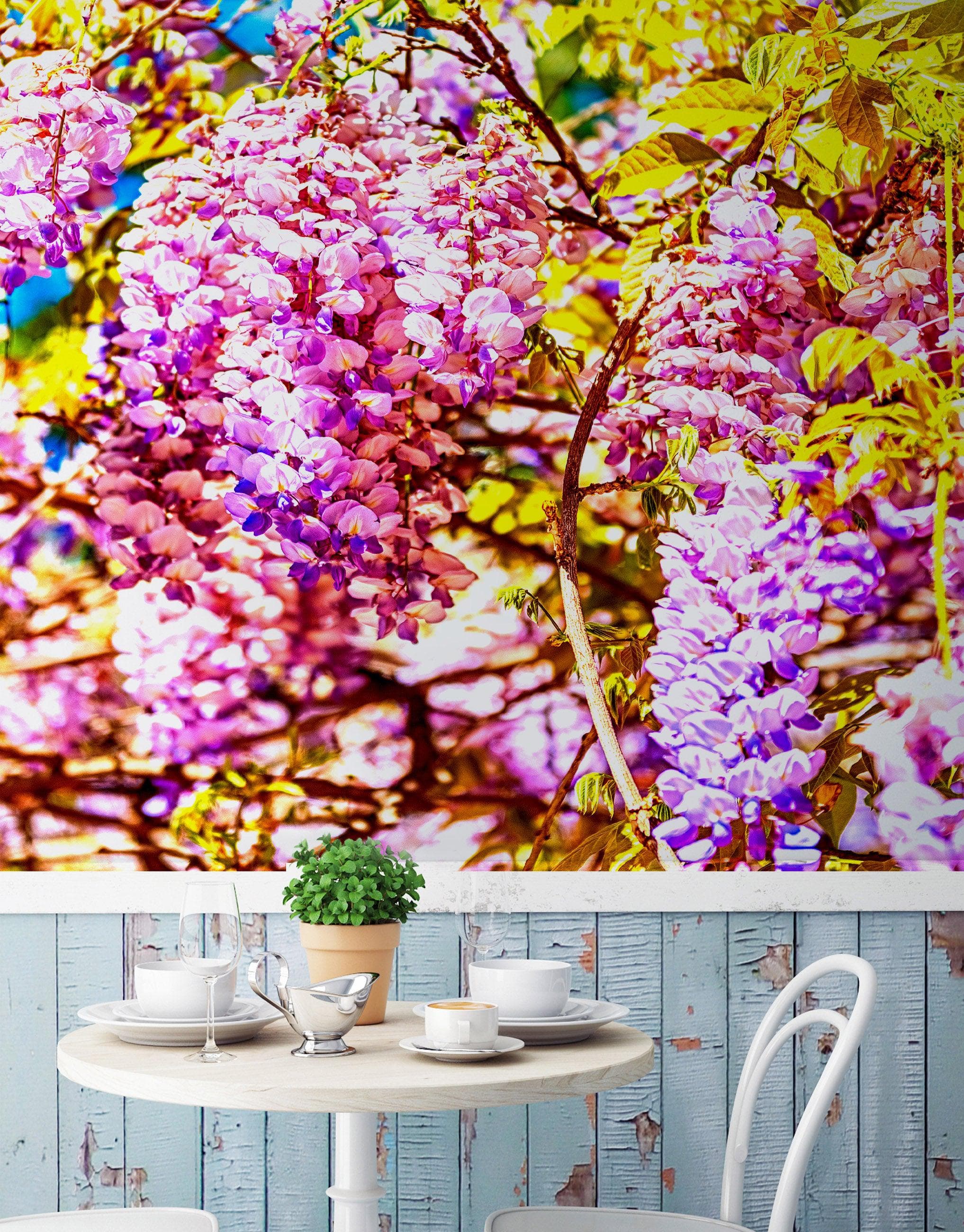 Mural de pared con flores de glicina de color morado. Papel pintado autoadhesivo. N.º 6307