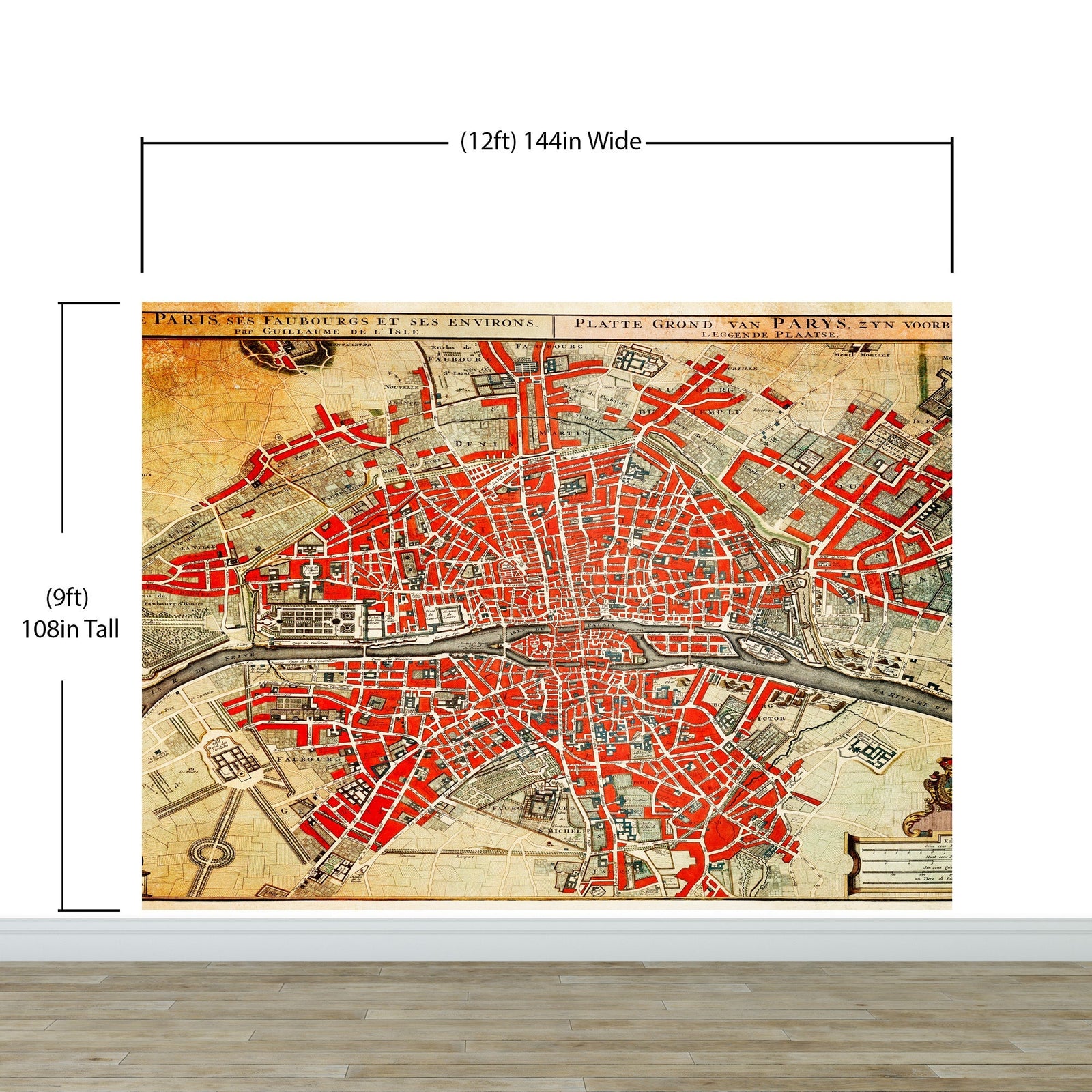Fotomural vintage con mapa de París. Plattegrond van Parijs (ca. 1721-1774) de Guillaume Delisle. #6312