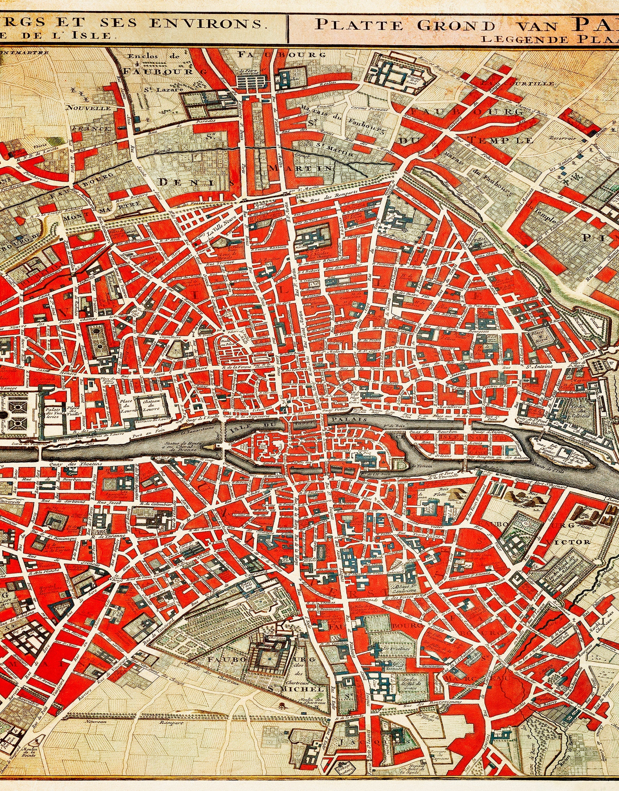 Fotomural vintage con mapa de París. Plattegrond van Parijs (ca. 1721-1774) de Guillaume Delisle. #6312