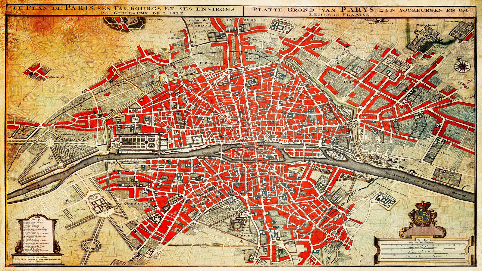Fotomural vintage con mapa de París. Plattegrond van Parijs (ca. 1721-1774) de Guillaume Delisle. #6312