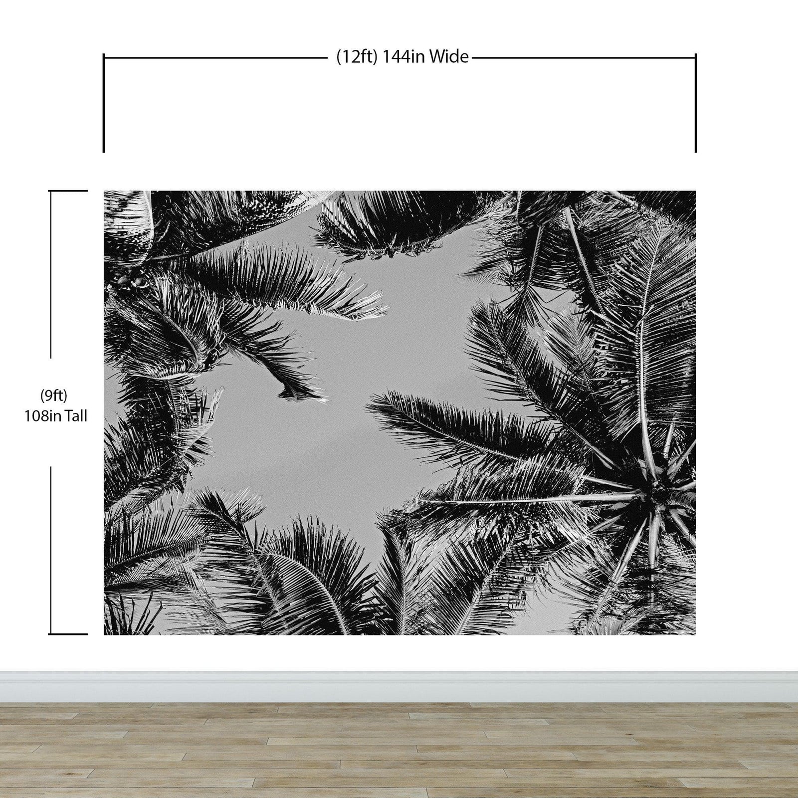 Mural de palmeras tropicales en blanco y negro. Estilo veraniego vintage. #6315