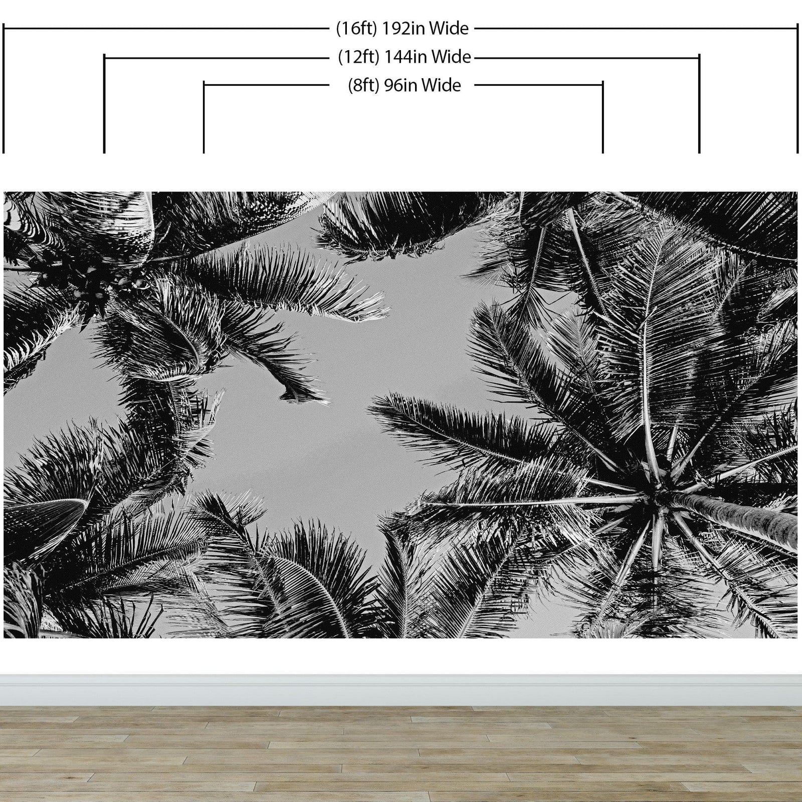 Mural de palmeras tropicales en blanco y negro. Estilo veraniego vintage. #6315