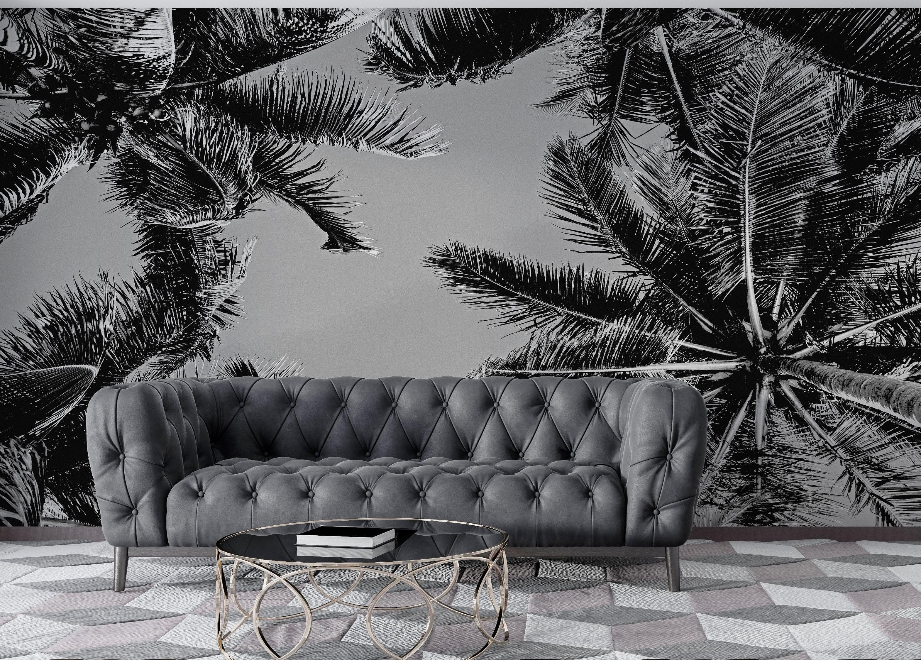 Mural de palmeras tropicales en blanco y negro. Estilo veraniego vintage. #6315