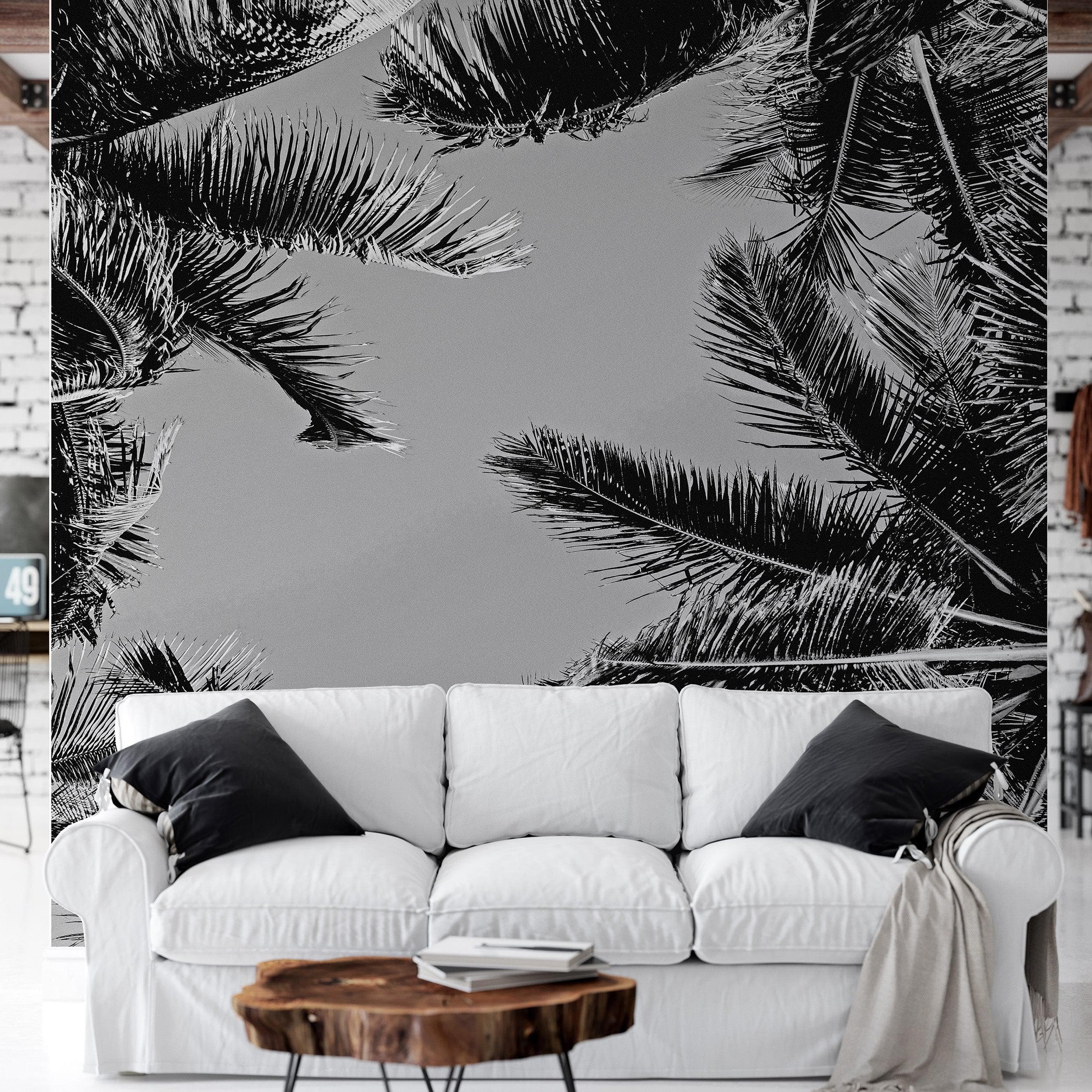 Mural de palmeras tropicales en blanco y negro. Estilo veraniego vintage. #6315