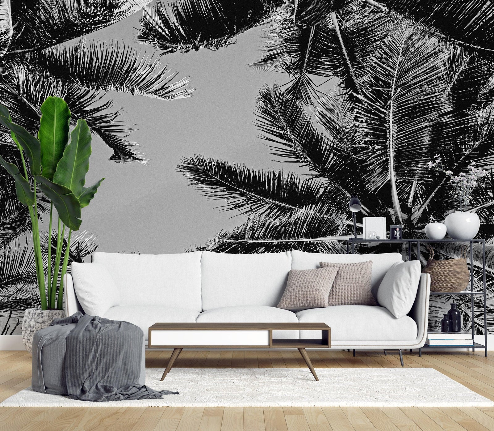 Mural de palmeras tropicales en blanco y negro. Estilo veraniego vintage. #6315