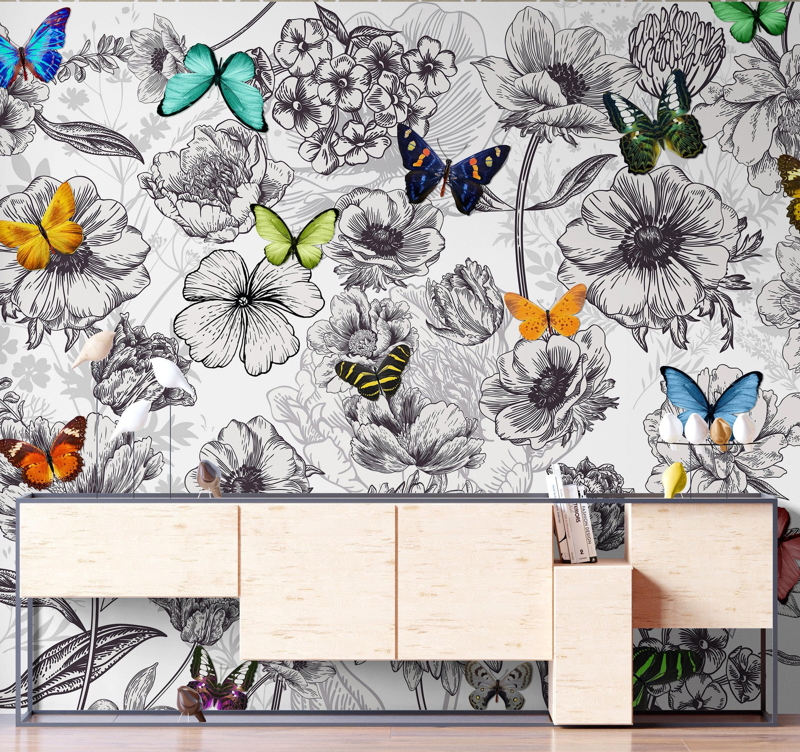 Mural de pared con mariposas en un jardín de flores. Ilustración retro en blanco y negro con diseño floral. #6320