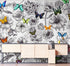 Mural de pared con mariposas en un jardín de flores. Ilustración retro en blanco y negro con diseño floral. #6320
