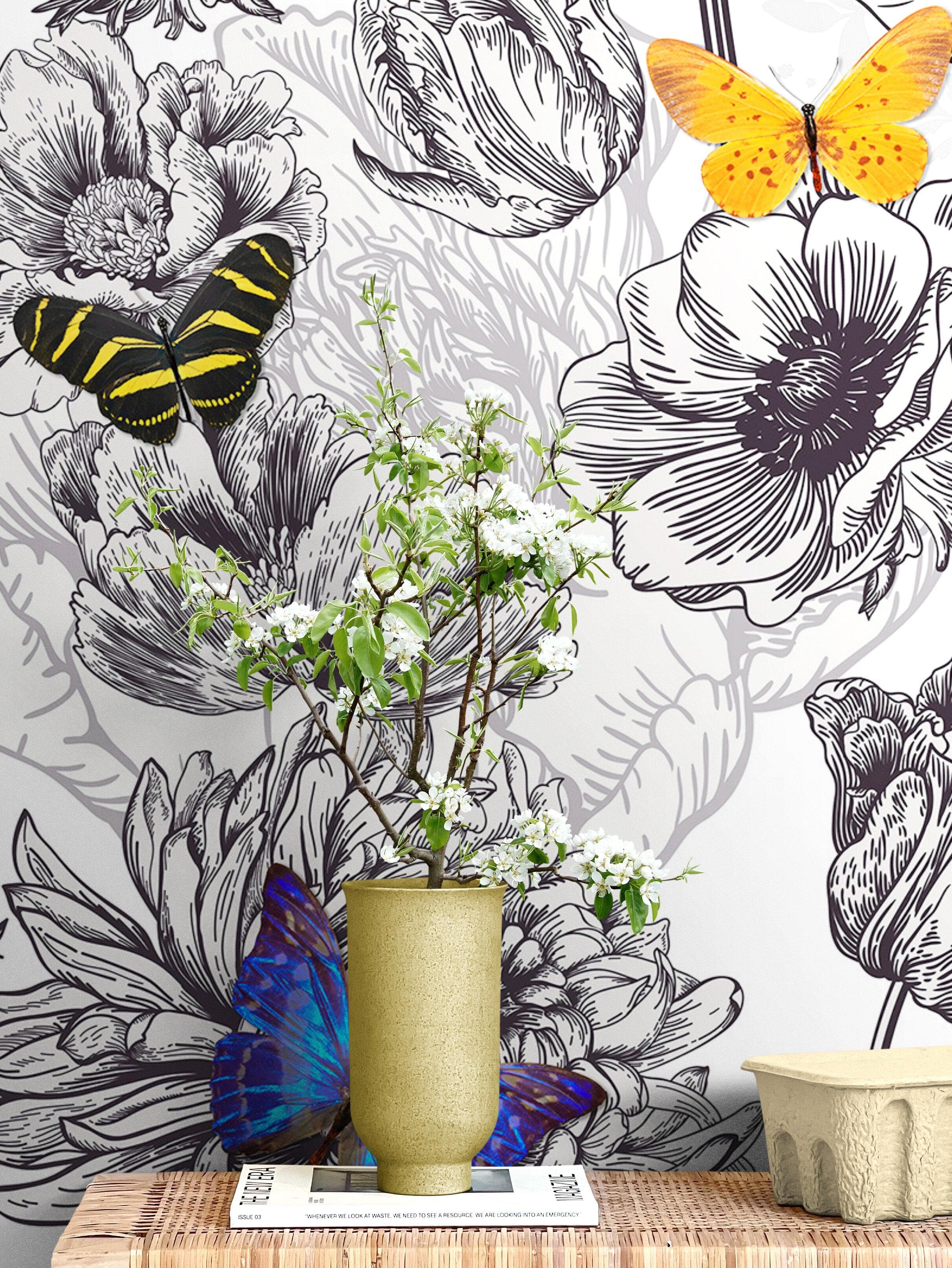 Mural de pared con mariposas en un jardín de flores. Ilustración retro en blanco y negro con diseño floral. #6320