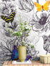 Mural de pared con mariposas en un jardín de flores. Ilustración retro en blanco y negro con diseño floral. #6320