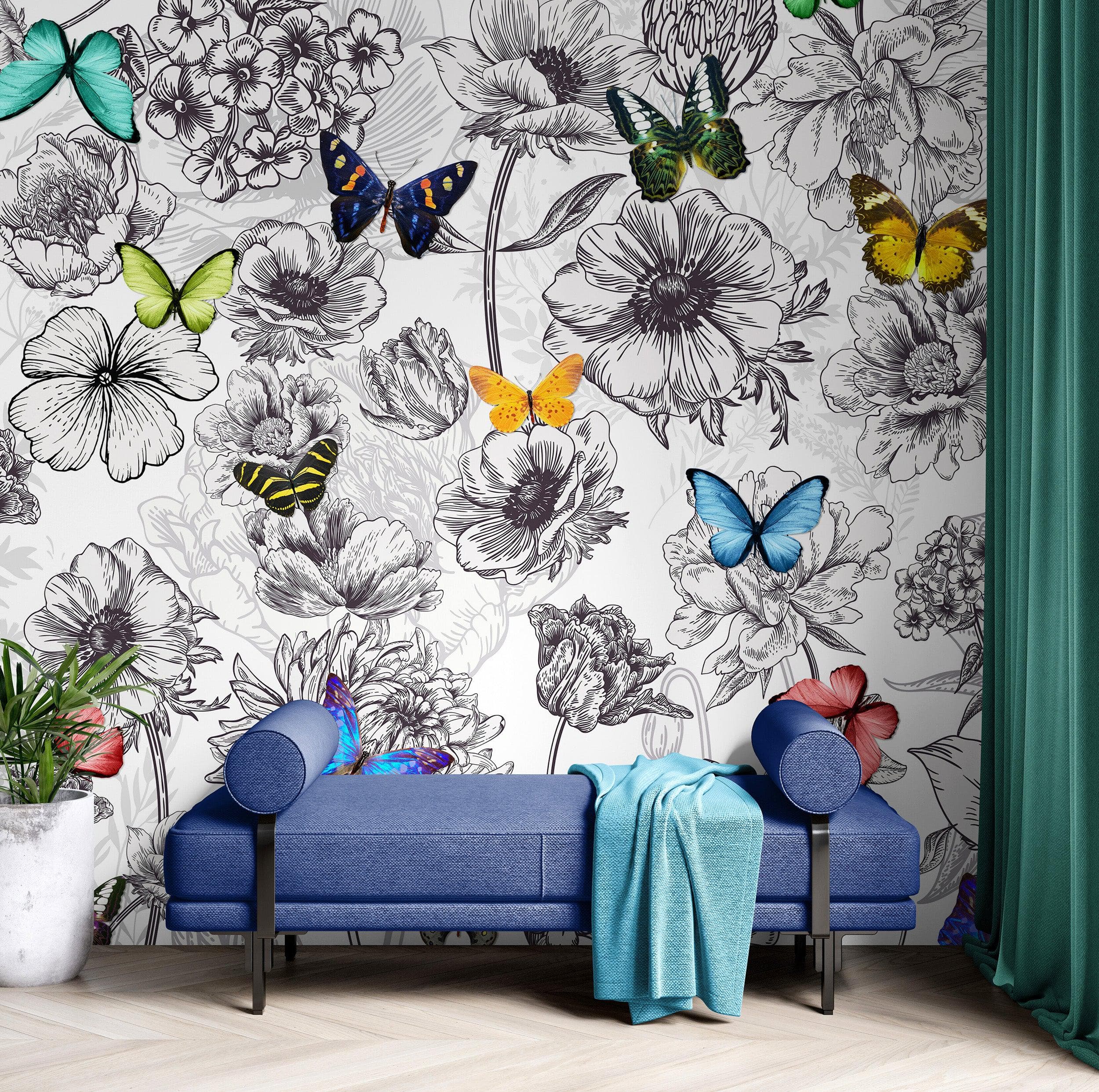 Mural de pared con mariposas en un jardín de flores. Ilustración retro en blanco y negro con diseño floral. #6320