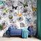 Mural de pared con mariposas en un jardín de flores. Ilustración retro en blanco y negro con diseño floral. #6320