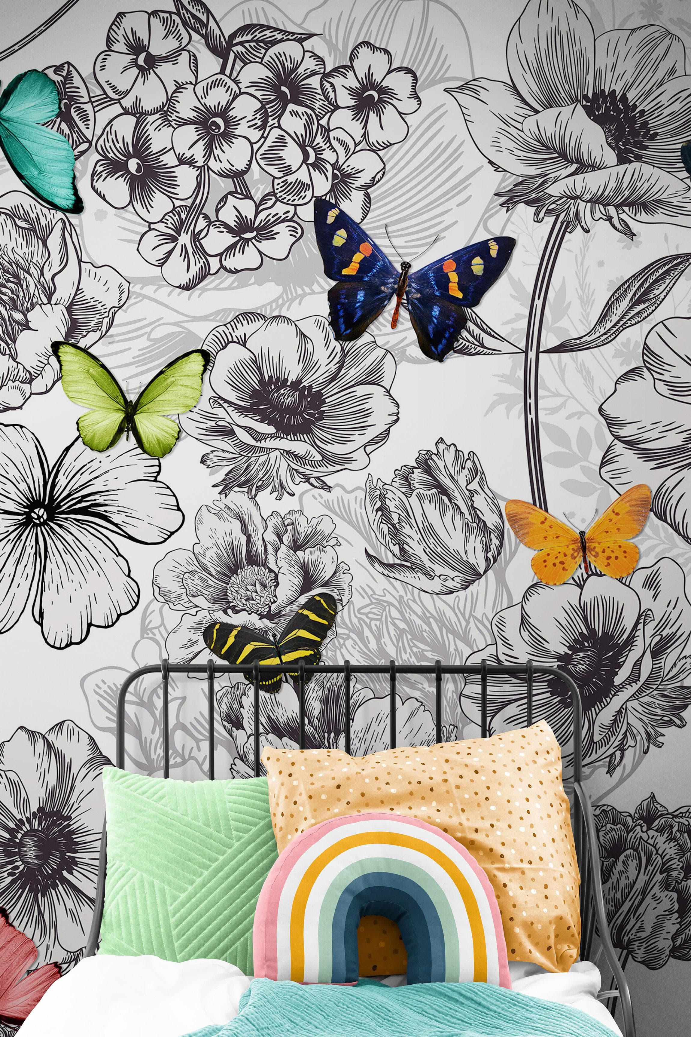 Mural de pared con mariposas en un jardín de flores. Ilustración retro en blanco y negro con diseño floral. #6320