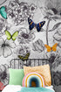Mural de pared con mariposas en un jardín de flores. Ilustración retro en blanco y negro con diseño floral. #6320