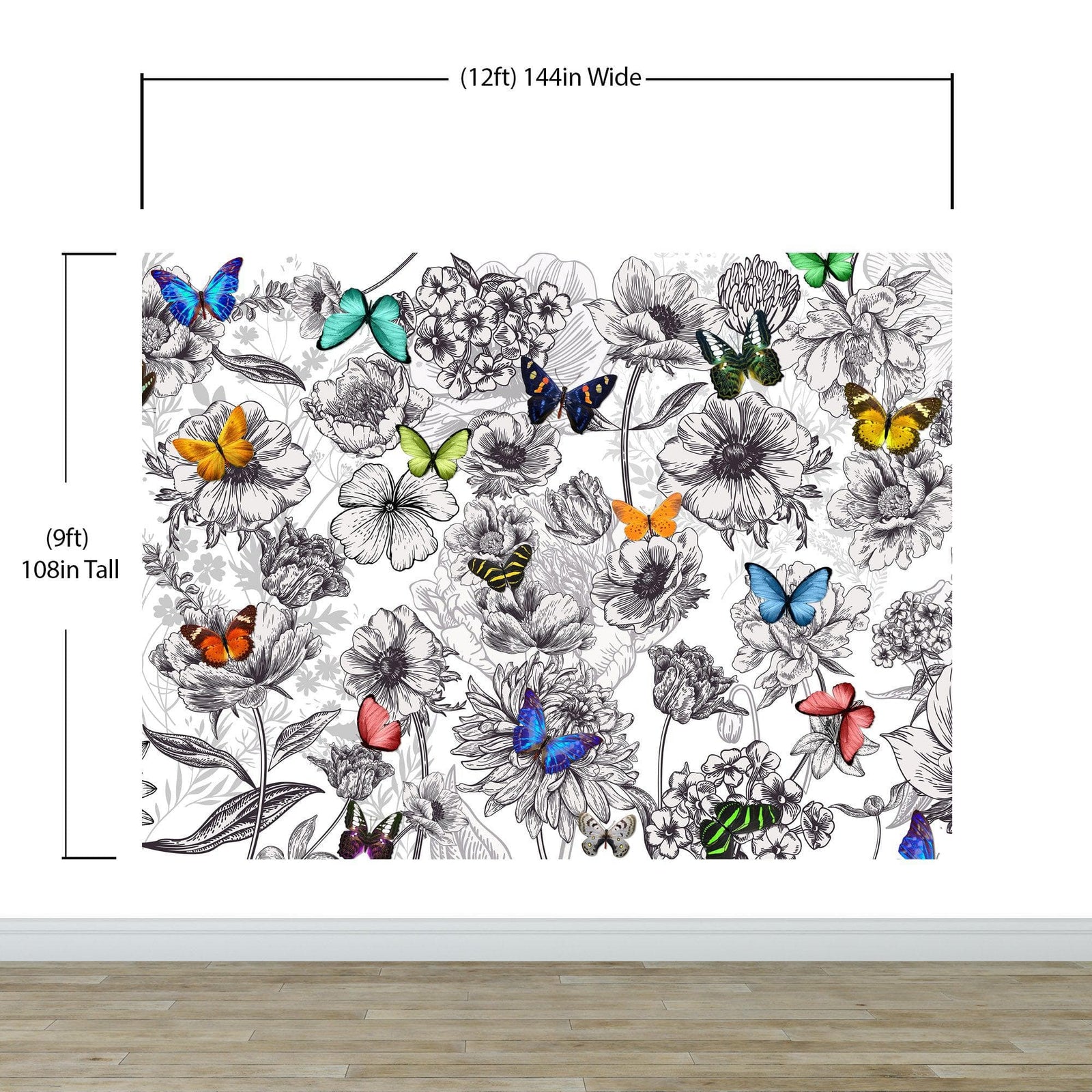 Mural de pared con mariposas en un jardín de flores. Ilustración retro en blanco y negro con diseño floral. #6320