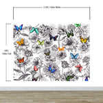 Mural de pared con mariposas en un jardín de flores. Ilustración retro en blanco y negro con diseño floral. #6320
