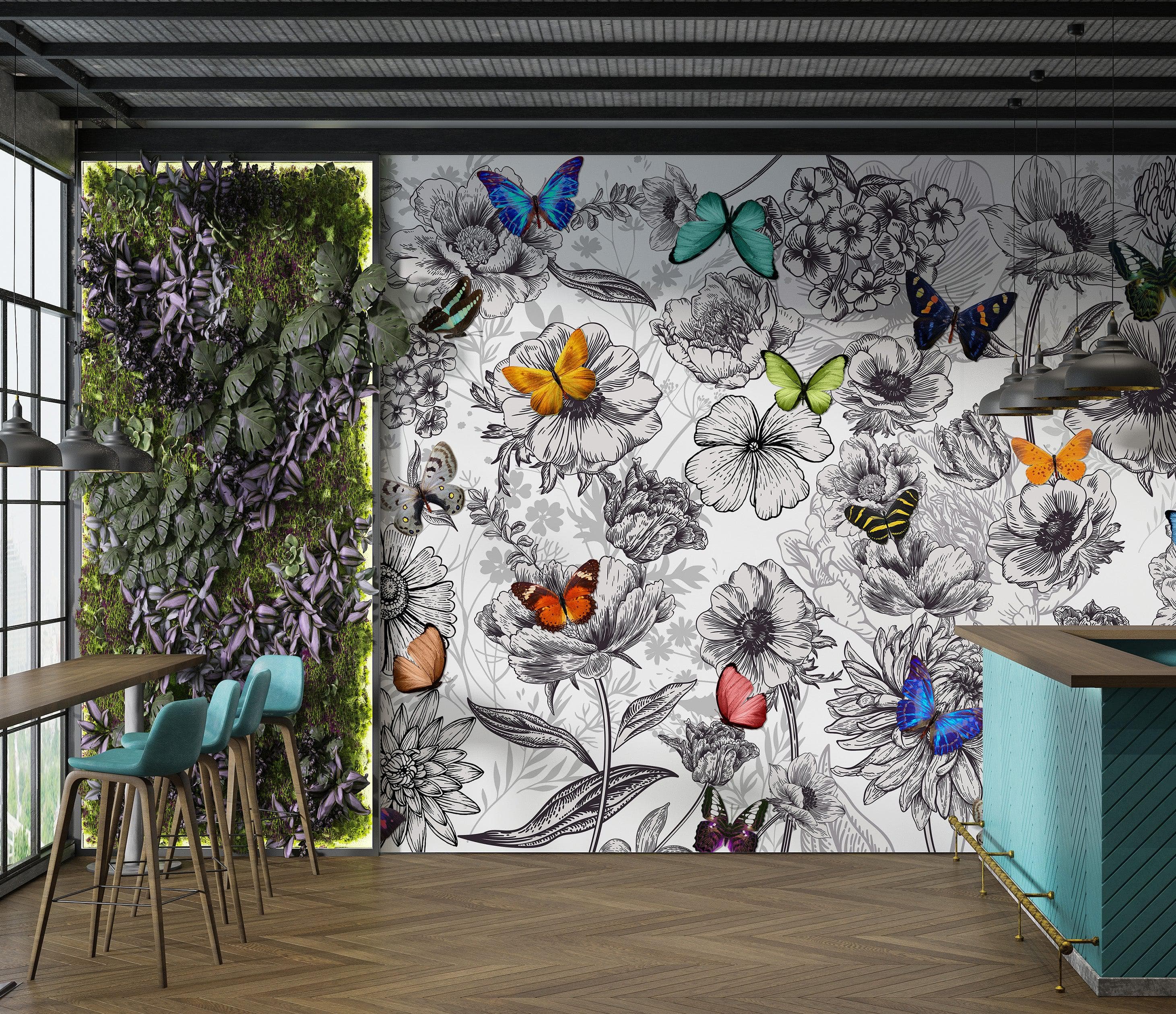 Mural de pared con mariposas en un jardín de flores. Ilustración retro en blanco y negro con diseño floral. #6320