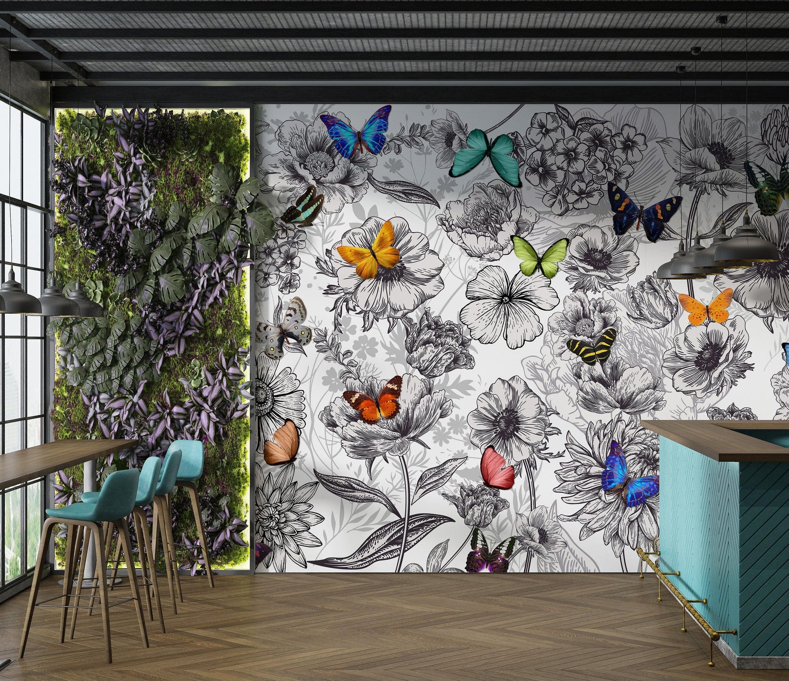 Mural de pared con mariposas en un jardín de flores. Ilustración retro en blanco y negro con diseño floral. #6320