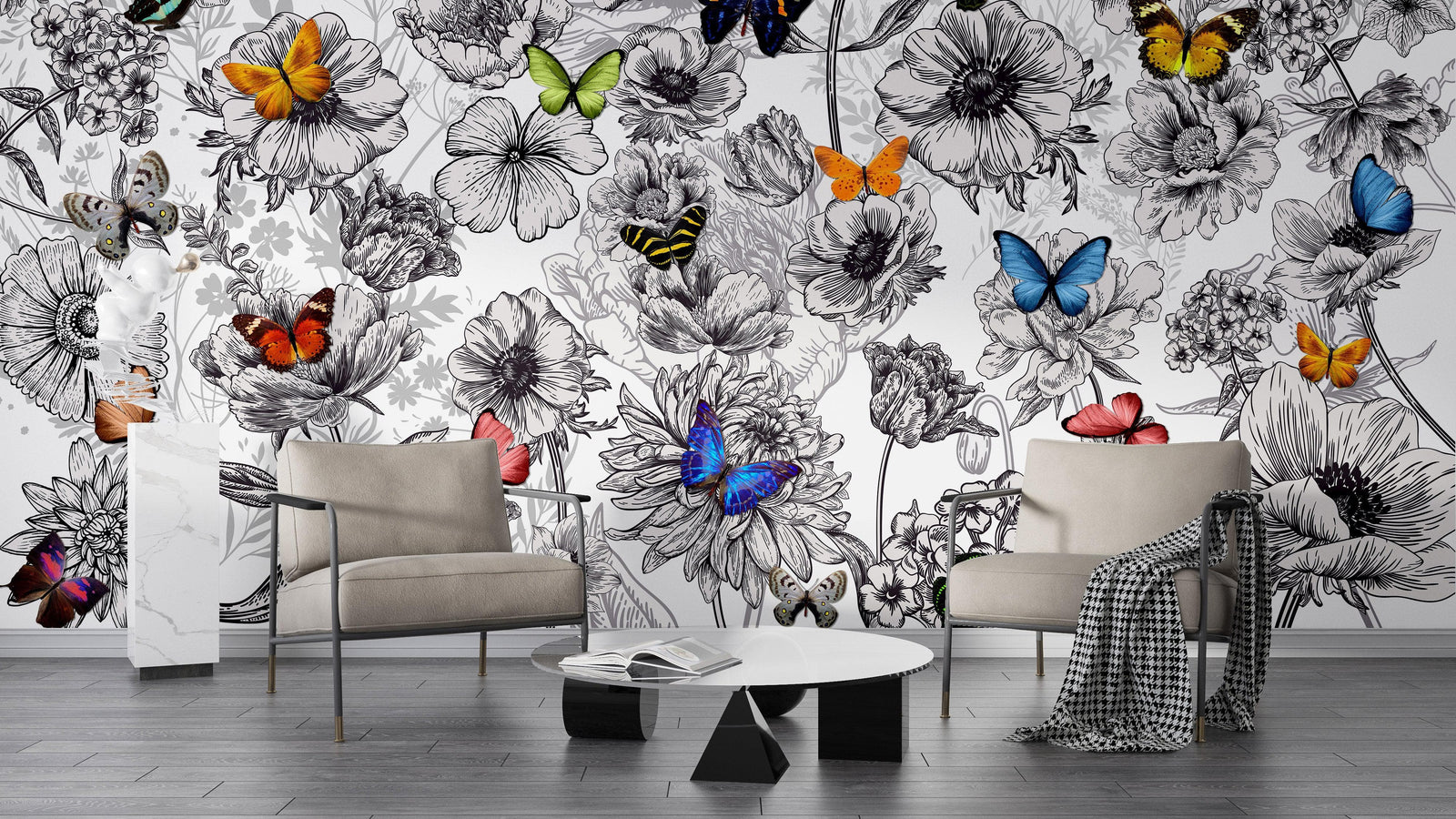 Mural de pared con mariposas en un jardín de flores. Ilustración retro en blanco y negro con diseño floral. #6320