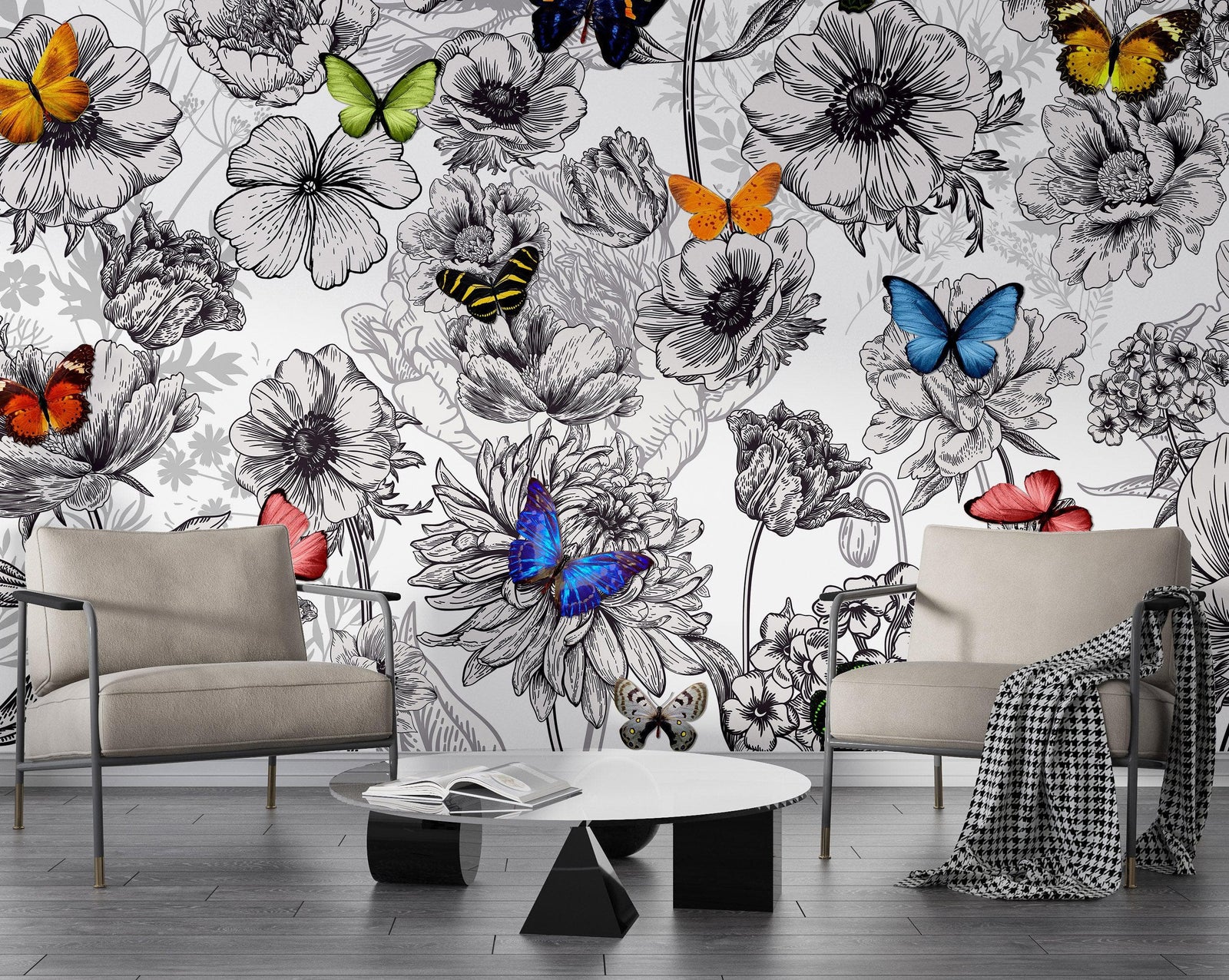 Mural de pared con mariposas en un jardín de flores. Ilustración retro en blanco y negro con diseño floral. #6320