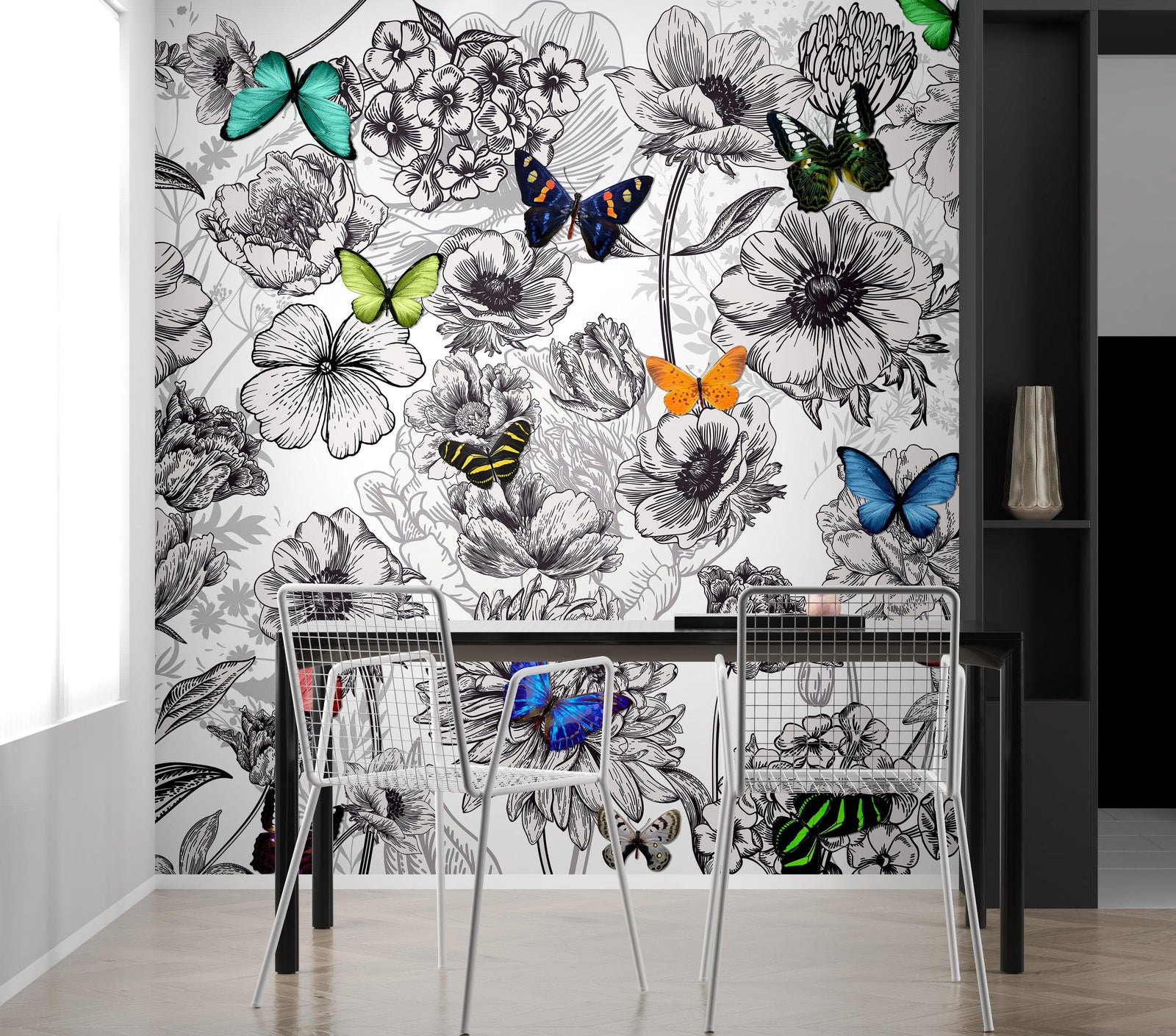 Mural de pared con mariposas en un jardín de flores. Ilustración retro en blanco y negro con diseño floral. #6320