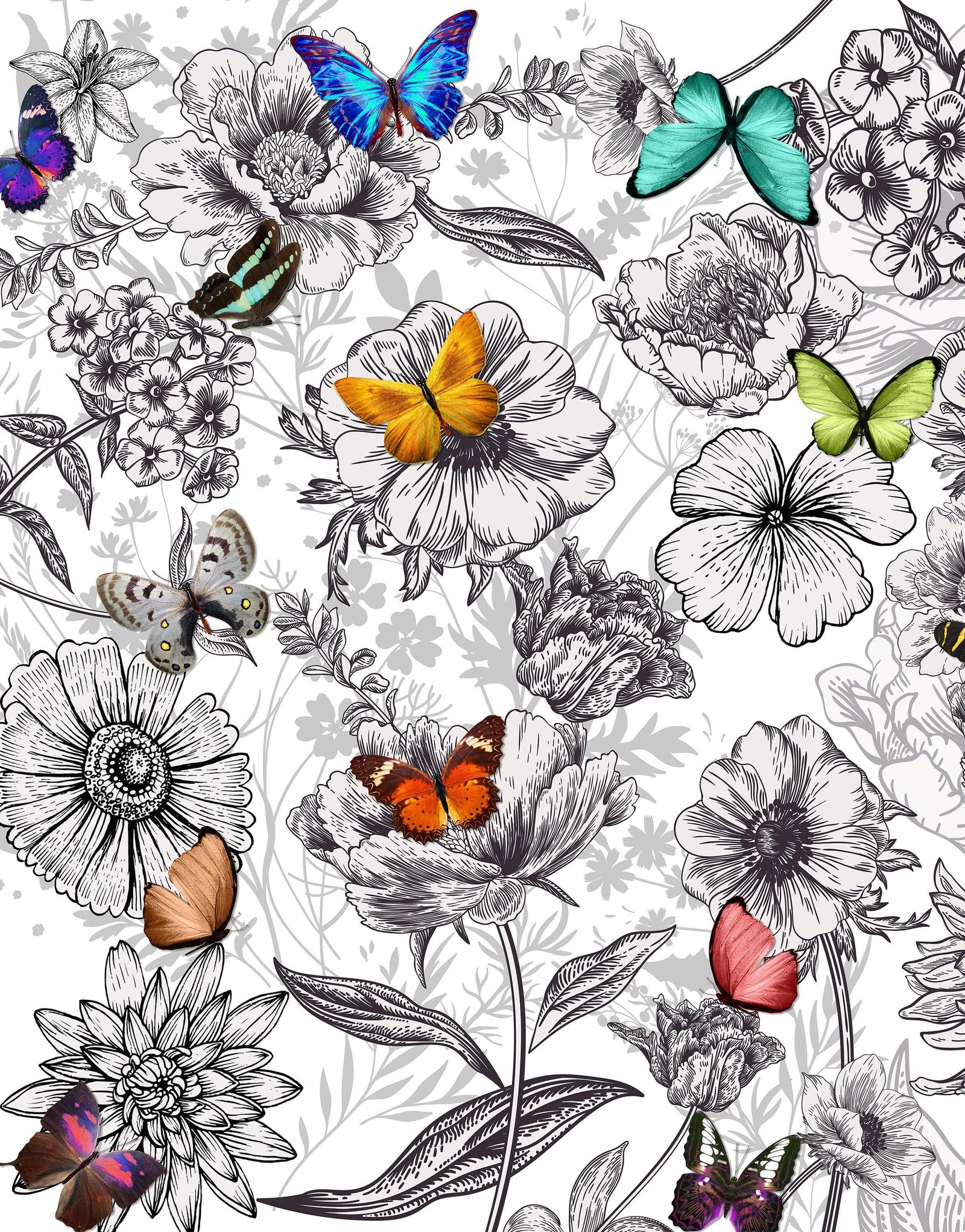 Mural de pared con mariposas en un jardín de flores. Ilustración retro en blanco y negro con diseño floral. #6320