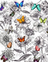 Mural de pared con mariposas en un jardín de flores. Ilustración retro en blanco y negro con diseño floral. #6320