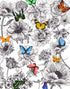 Mural de pared con mariposas en un jardín de flores. Ilustración retro en blanco y negro con diseño floral. #6320
