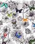 Mural de pared con mariposas en un jardín de flores. Ilustración retro en blanco y negro con diseño floral. #6320
