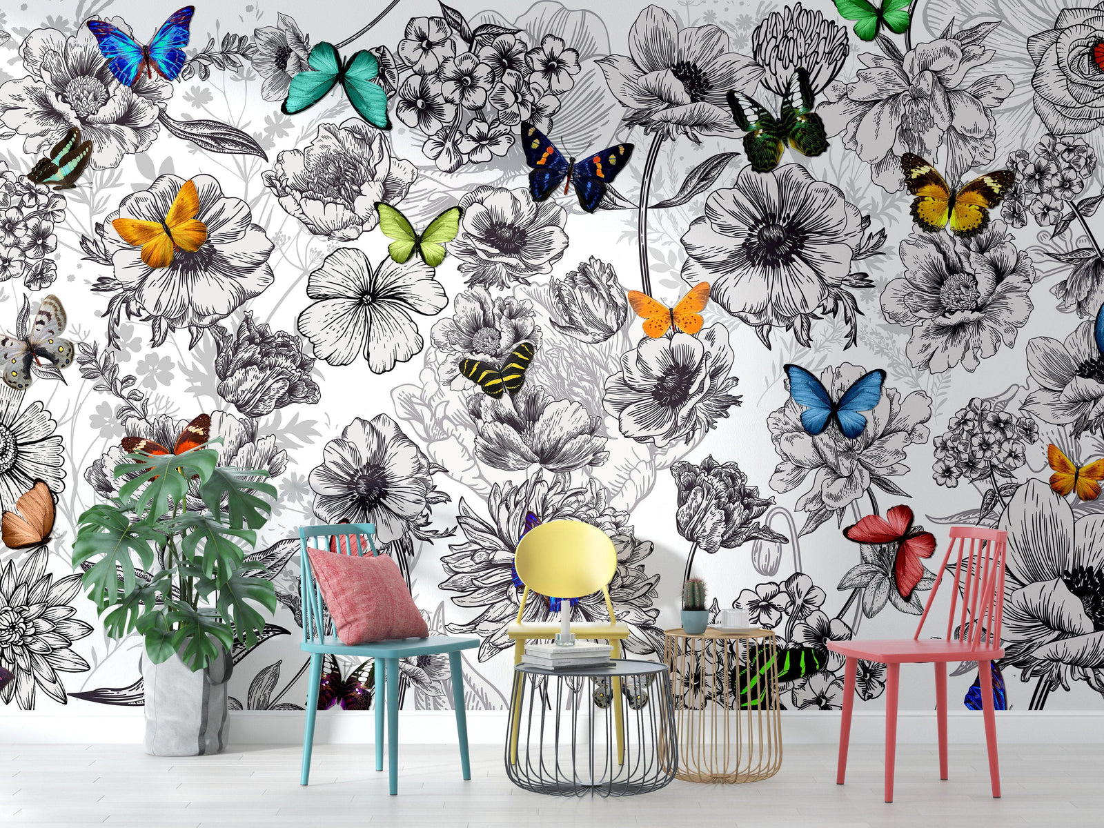 Mural de pared con mariposas en un jardín de flores. Ilustración retro en blanco y negro con diseño floral. #6320