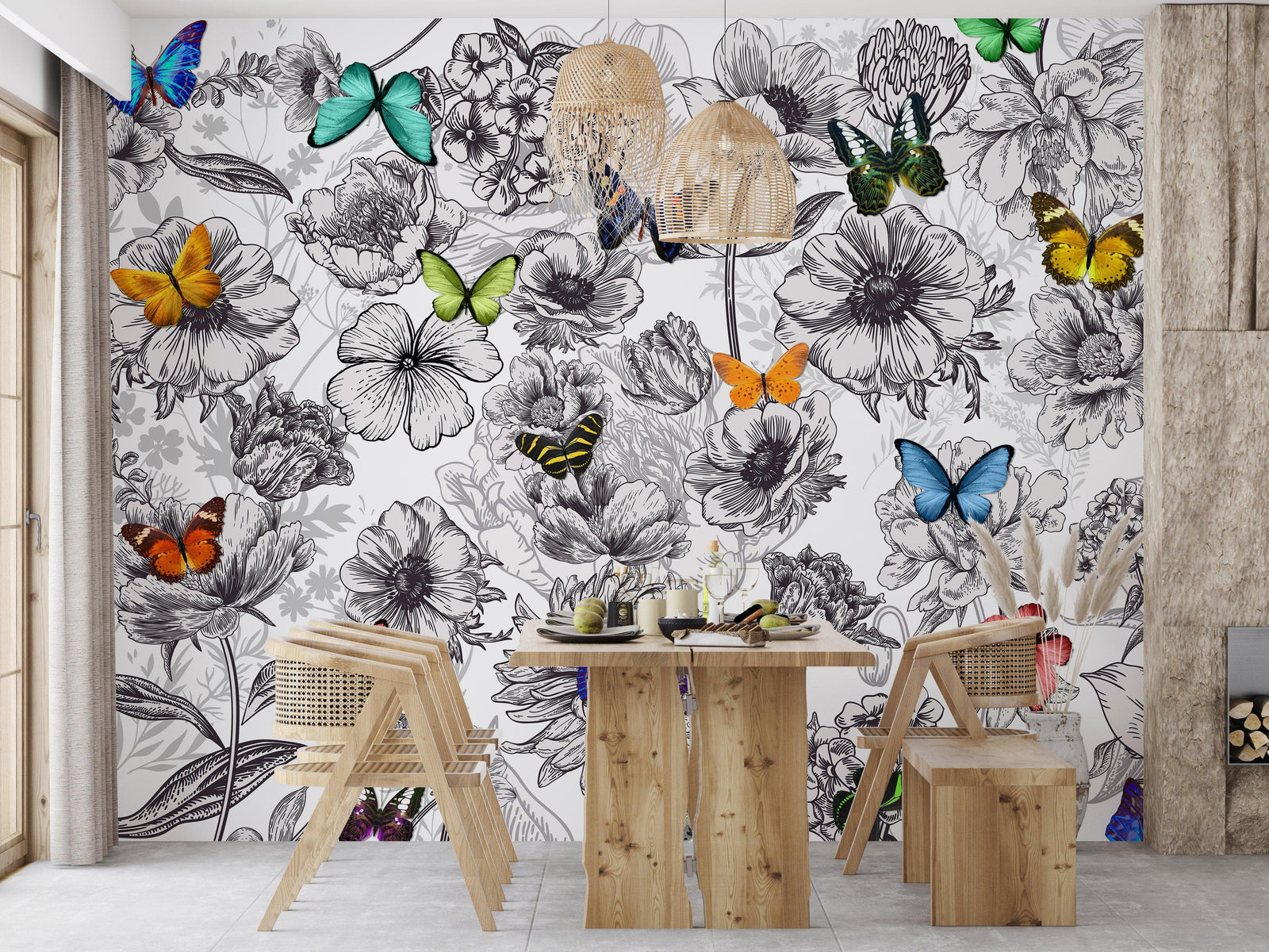 Mural de pared con mariposas en un jardín de flores. Ilustración retro en blanco y negro con diseño floral. #6320