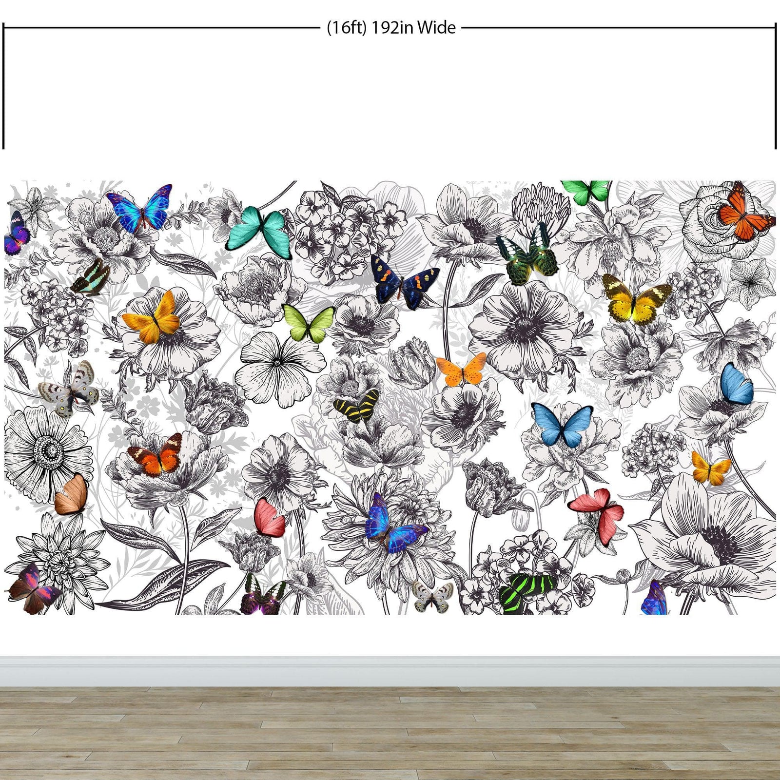 Mural de pared con mariposas en un jardín de flores. Ilustración retro en blanco y negro con diseño floral. #6320