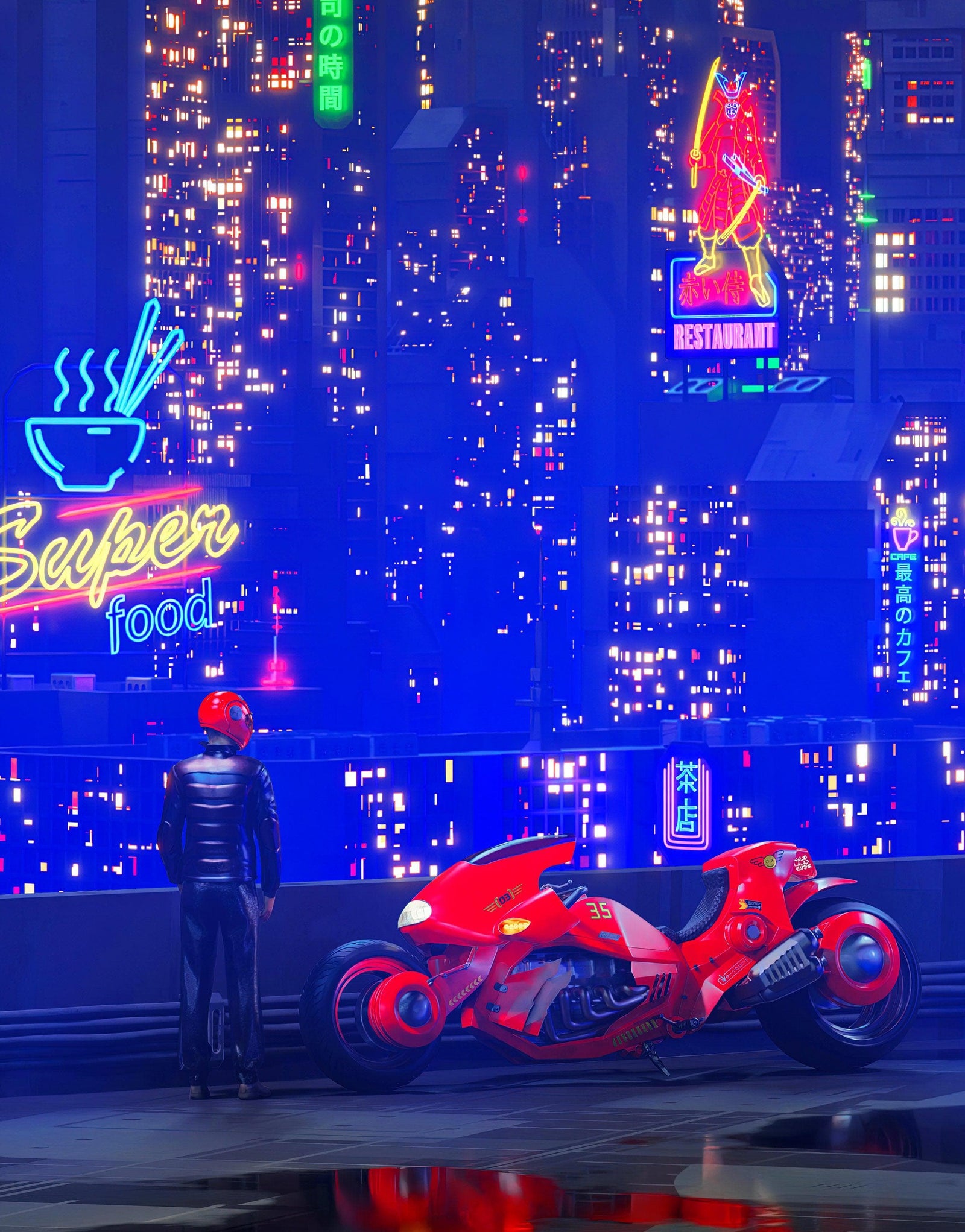 Mural de pared de la ciudad futurista ciberpunk de Japón. #6322