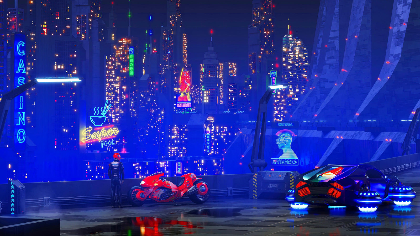 Mural de pared de la ciudad futurista ciberpunk de Japón. #6322