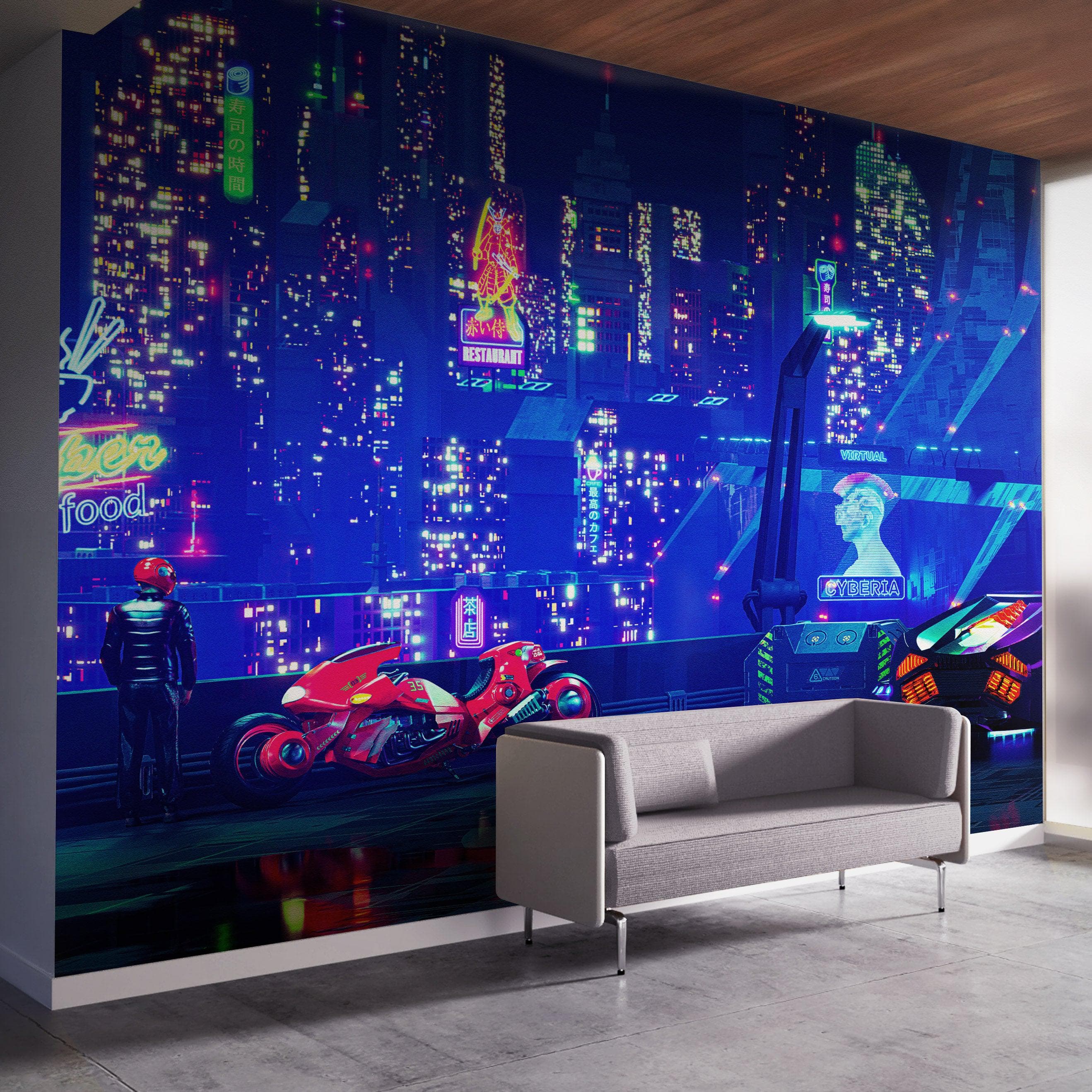 Mural de pared de la ciudad futurista ciberpunk de Japón. #6322