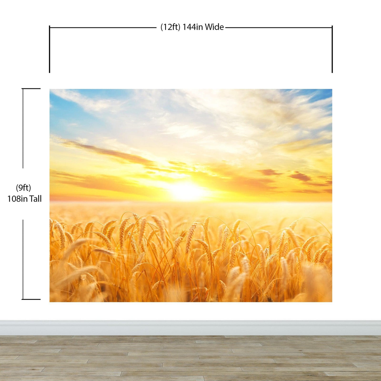 Mural de pared con puesta de sol y amanecer sobre un campo de trigo. Papel tapiz autoadhesivo. N.º 6323