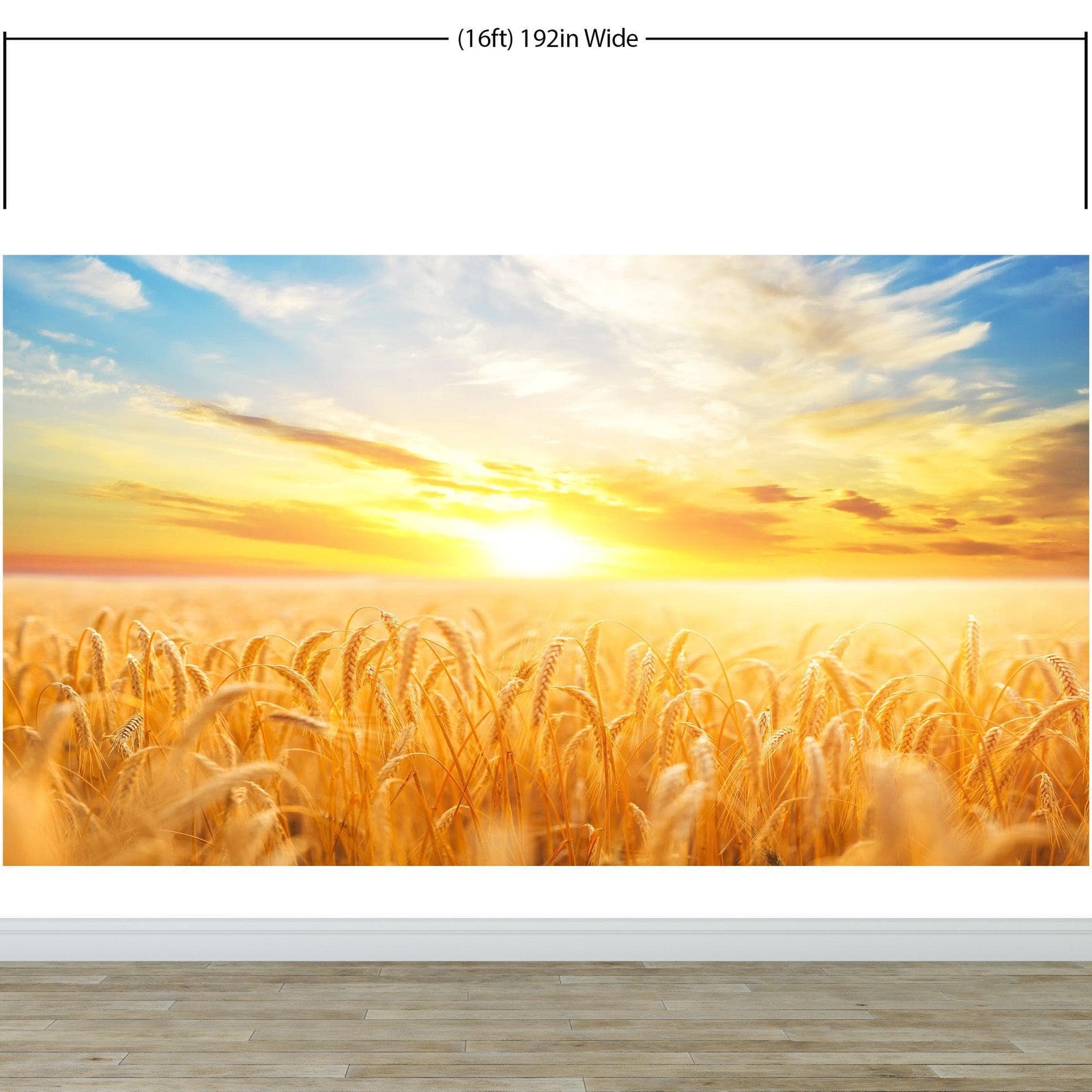 Mural de pared con puesta de sol y amanecer sobre un campo de trigo. Papel tapiz autoadhesivo. N.º 6323