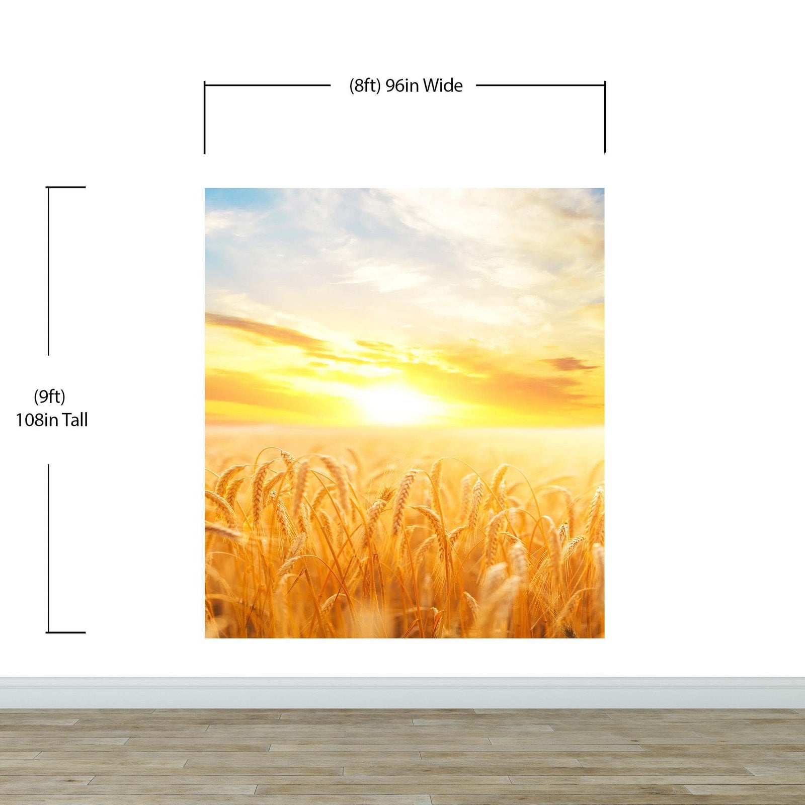 Mural de pared con puesta de sol y amanecer sobre un campo de trigo. Papel tapiz autoadhesivo. N.º 6323