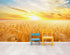 Mural de pared con puesta de sol y amanecer sobre un campo de trigo. Papel tapiz autoadhesivo. N.º 6323