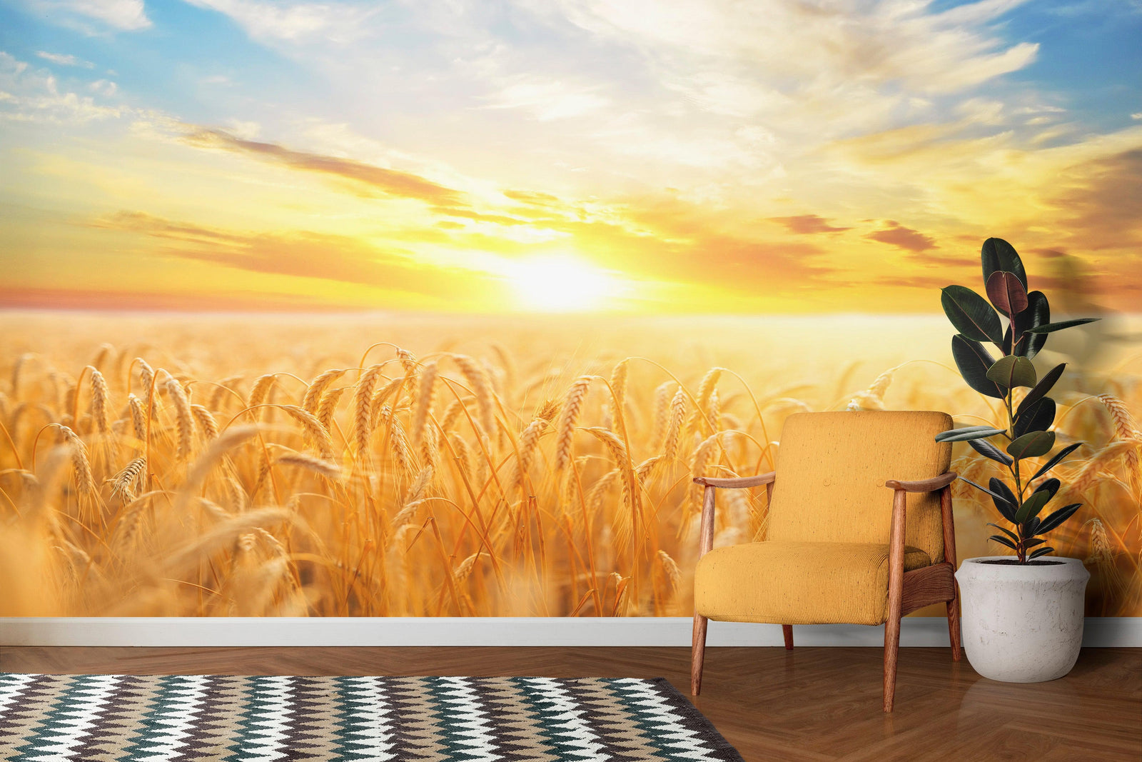 Mural de pared con puesta de sol y amanecer sobre un campo de trigo. Papel tapiz autoadhesivo. N.º 6323