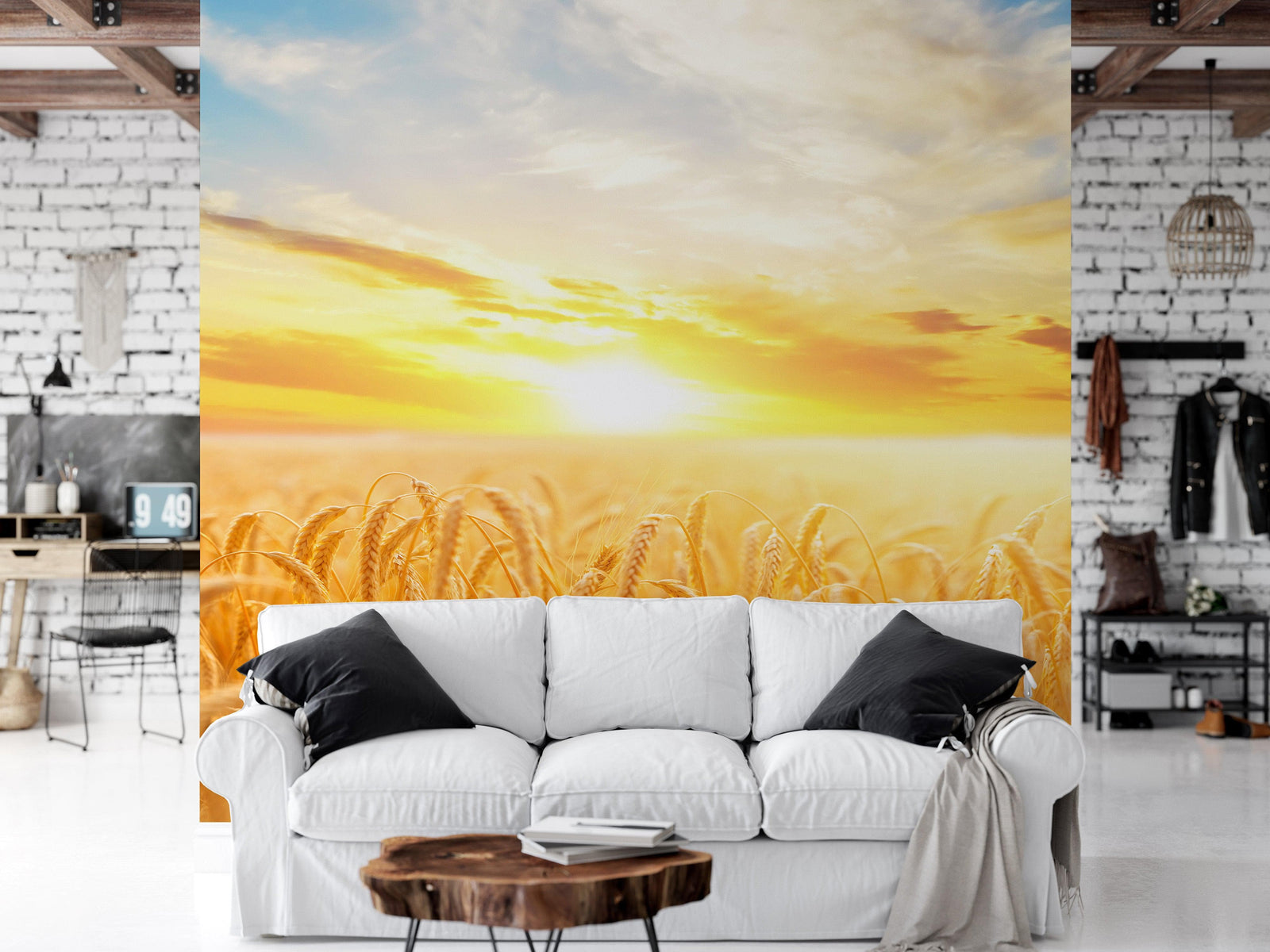 Mural de pared con puesta de sol y amanecer sobre un campo de trigo. Papel tapiz autoadhesivo. N.º 6323