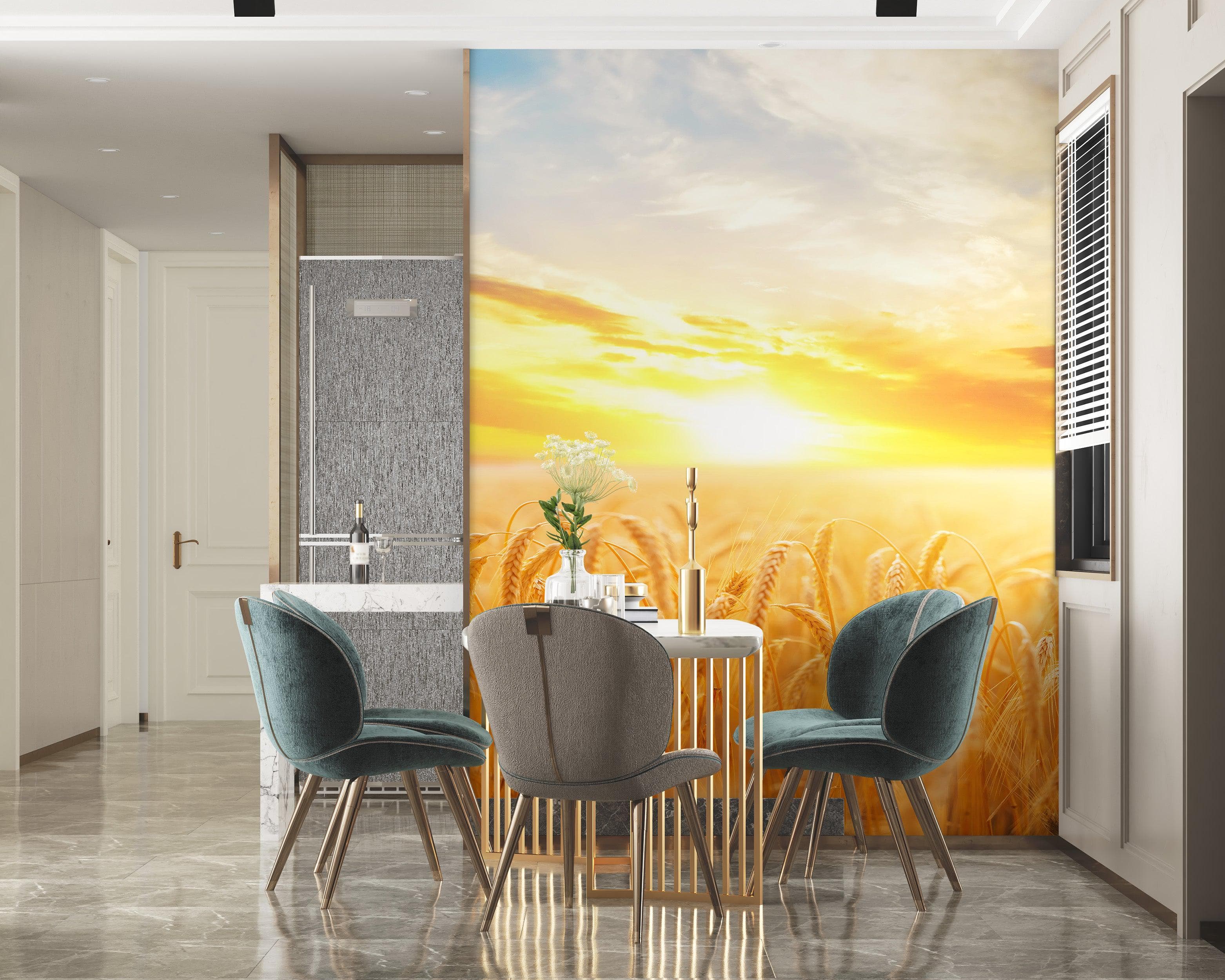 Mural de pared con puesta de sol y amanecer sobre un campo de trigo. Papel tapiz autoadhesivo. N.º 6323