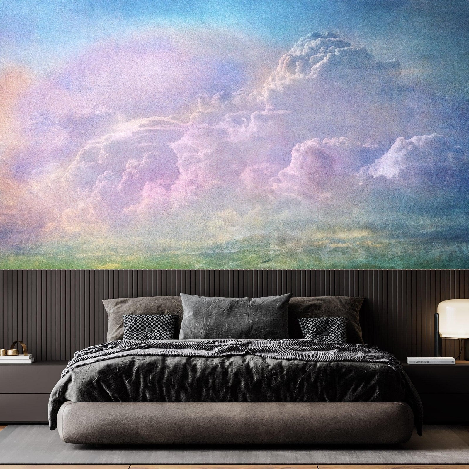 Mural de pared con vista al cielo nublado. Diseño abstracto con texturas grunge, rayadas y granuladas. Papel tapiz autoadhesivo. N.º 6326